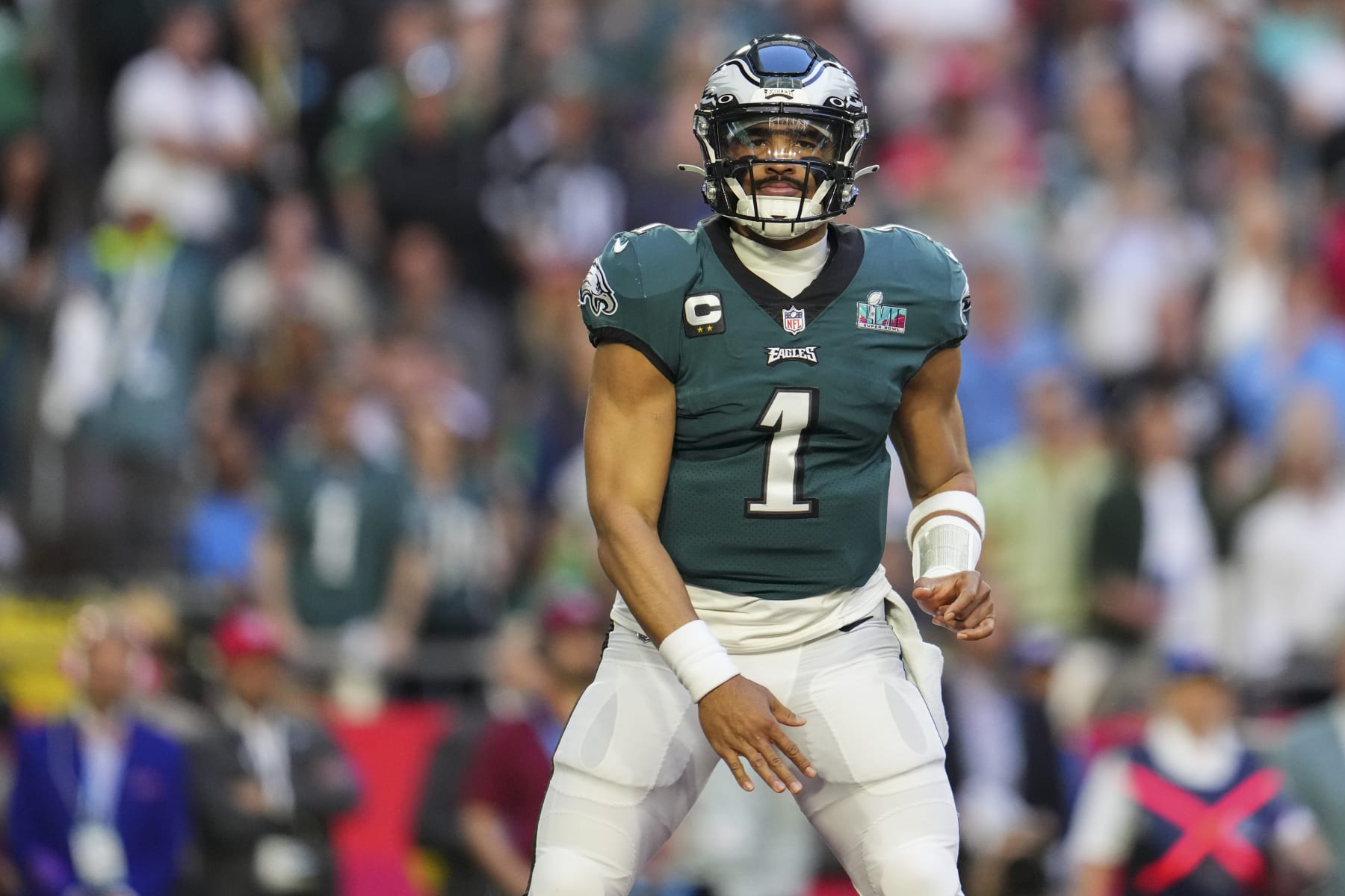 GLENDALE, AZ - FEBRUARY 12: Jalen Hurts #1 of the Philadelphia Eagles follows the ball against the Kansas City Chiefs after Super Bowl LVII at State Farm Stadium on February 12, 2023 in Glendale, Arizona. The Chiefs defeated the Eagles 38-35. (Photo by Cooper Neill/Getty Images)
