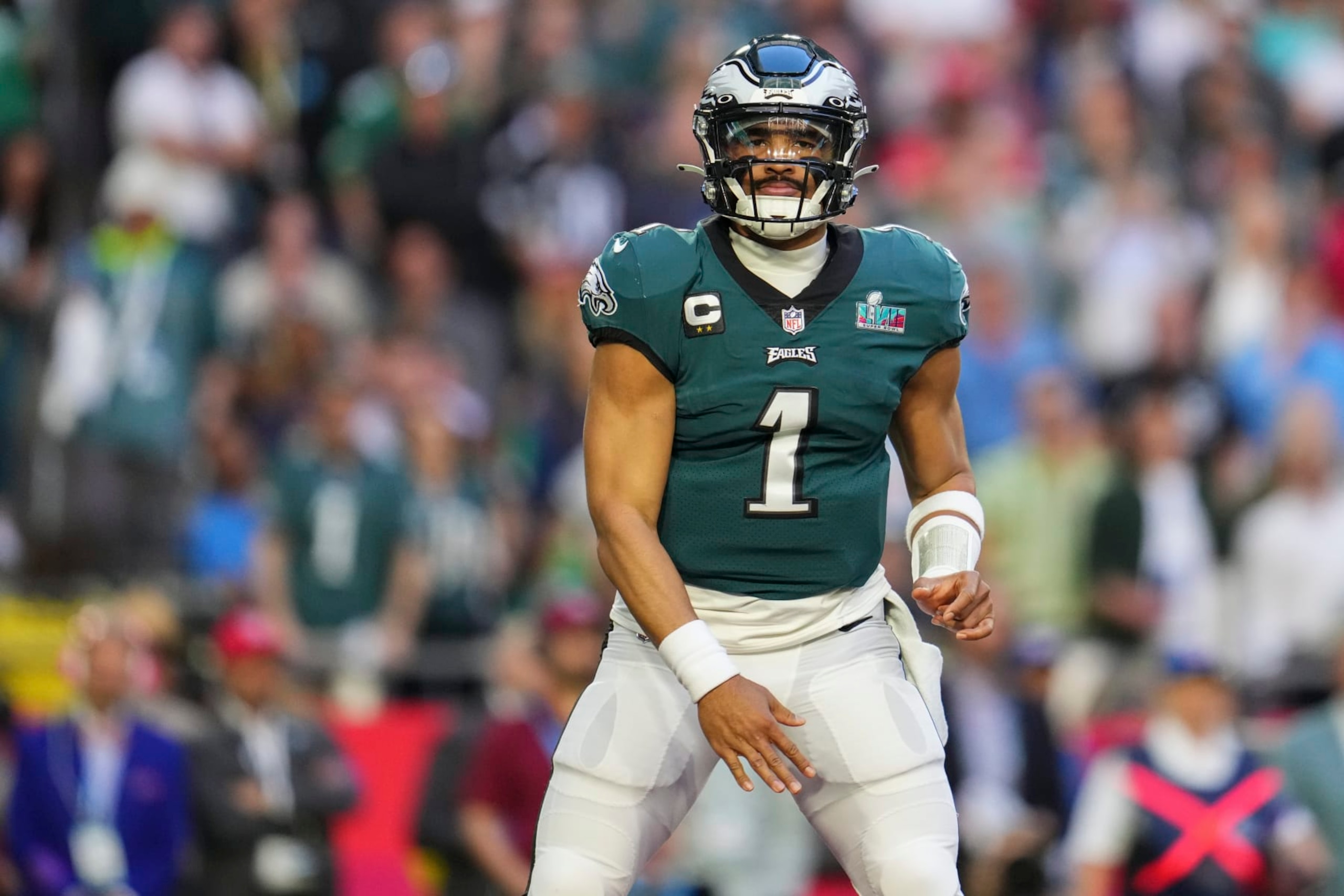 GLENDALE, AZ - FEBRUARY 12: Jalen Hurts #1 of the Philadelphia Eagles follows the ball against the Kansas City Chiefs after Super Bowl LVII at State Farm Stadium on February 12, 2023 in Glendale, Arizona. The Chiefs defeated the Eagles 38-35. (Photo by Cooper Neill/Getty Images) GLENDALE, AZ - FEBRUARY 12: Jalen Hurts #1 of the Philadelphia Eagles follows the ball against the Kansas City Chiefs after Super Bowl LVII at State Farm Stadium on February 12, 2023 in Glendale, Arizona. The Chiefs defeated the Eagles 38-35. (Photo by Cooper Neill/Getty Images)