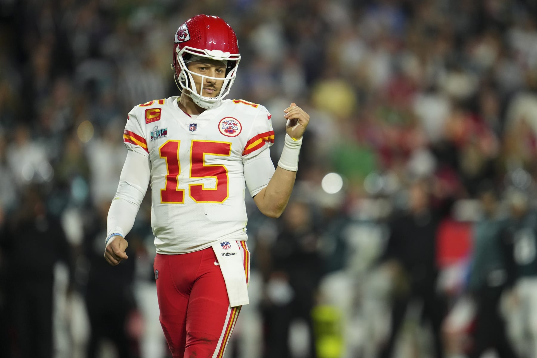 GLENDALE, AZ - FEBRUARY 12: Patrick Mahomes #15 of the Kansas City Chiefs looks down field against the Philadelphia Eagles after Super Bowl LVII at State Farm Stadium on February 12, 2023 in Glendale, Arizona. The Chiefs defeated the Eagles 38-35. (Photo by Cooper Neill/Getty Images)