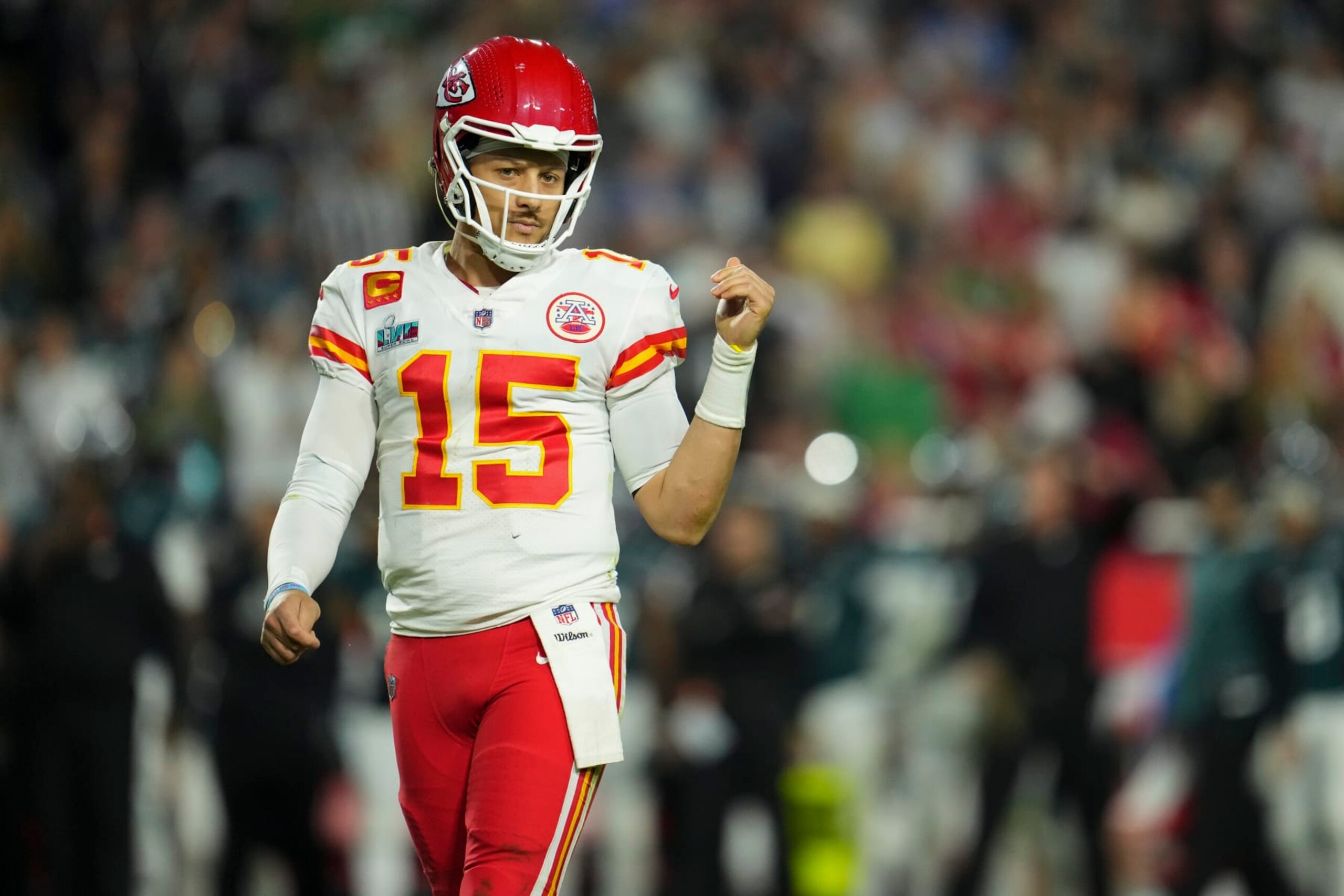 GLENDALE, AZ - FEBRUARY 12: Patrick Mahomes #15 of the Kansas City Chiefs looks down field against the Philadelphia Eagles after Super Bowl LVII at State Farm Stadium on February 12, 2023 in Glendale, Arizona. The Chiefs defeated the Eagles 38-35. (Photo by Cooper Neill/Getty Images) GLENDALE, AZ - FEBRUARY 12: Patrick Mahomes #15 of the Kansas City Chiefs looks down field against the Philadelphia Eagles after Super Bowl LVII at State Farm Stadium on February 12, 2023 in Glendale, Arizona. The Chiefs defeated the Eagles 38-35. (Photo by Cooper Neill/Getty Images)