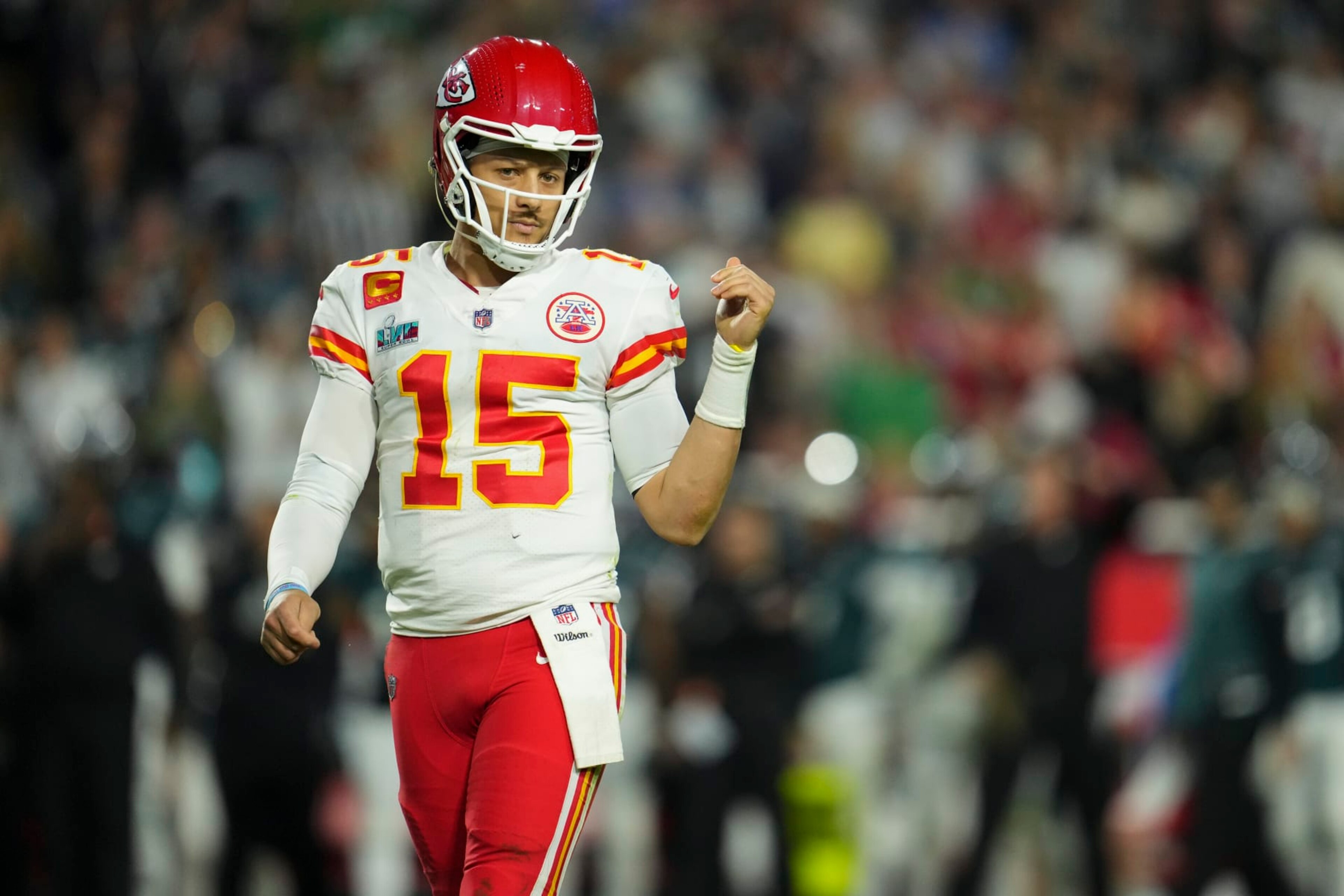 GLENDALE, AZ - FEBRUARY 12: Patrick Mahomes #15 of the Kansas City Chiefs looks down field against the Philadelphia Eagles after Super Bowl LVII at State Farm Stadium on February 12, 2023 in Glendale, Arizona. The Chiefs defeated the Eagles 38-35. (Photo by Cooper Neill/Getty Images)
