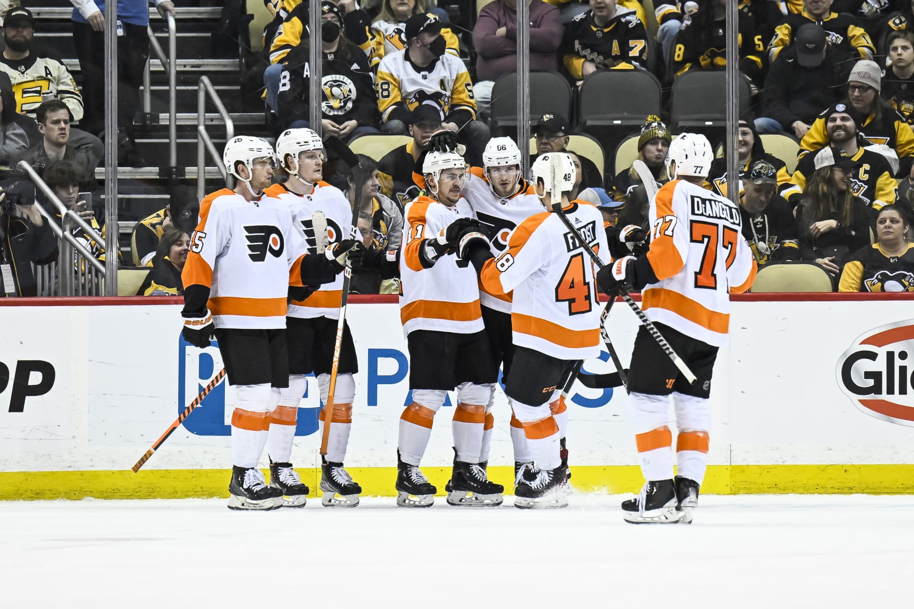 PITTSBURGH, PA - APRIL 02: Philadelphia Flyers Right Wing Travis Konecny (11) celebrates his goal during the third period in the NHL game between the Pittsburgh Penguins and the Philadelphia Flyers on April 2, 2023, at PPG Paints Arena in Pittsburgh, PA. (Photo by Jeanine Leech/Icon Sportswire via Getty Images)