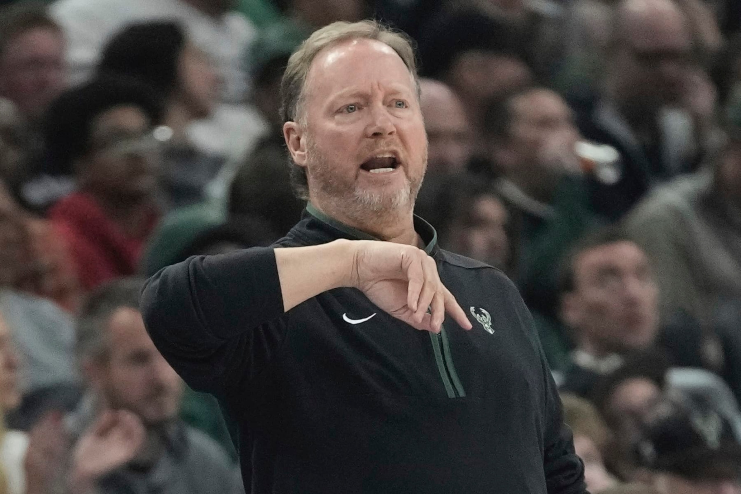 Milwaukee Bucks head coach Mike Budenholzer reacts during the first half in Game 1 of an NBA basketball first-round playoff game Sunday, April 16, 2023, in Milwaukee. (AP Photo/Morry Gash)