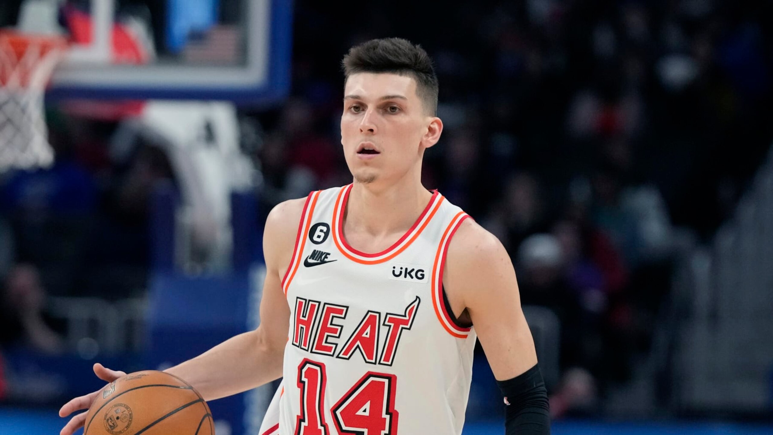 Miami Heat guard Tyler Herro plays during the second half of an NBA basketball game, Tuesday, April 4, 2023, in Detroit. (AP Photo/Carlos Osorio)