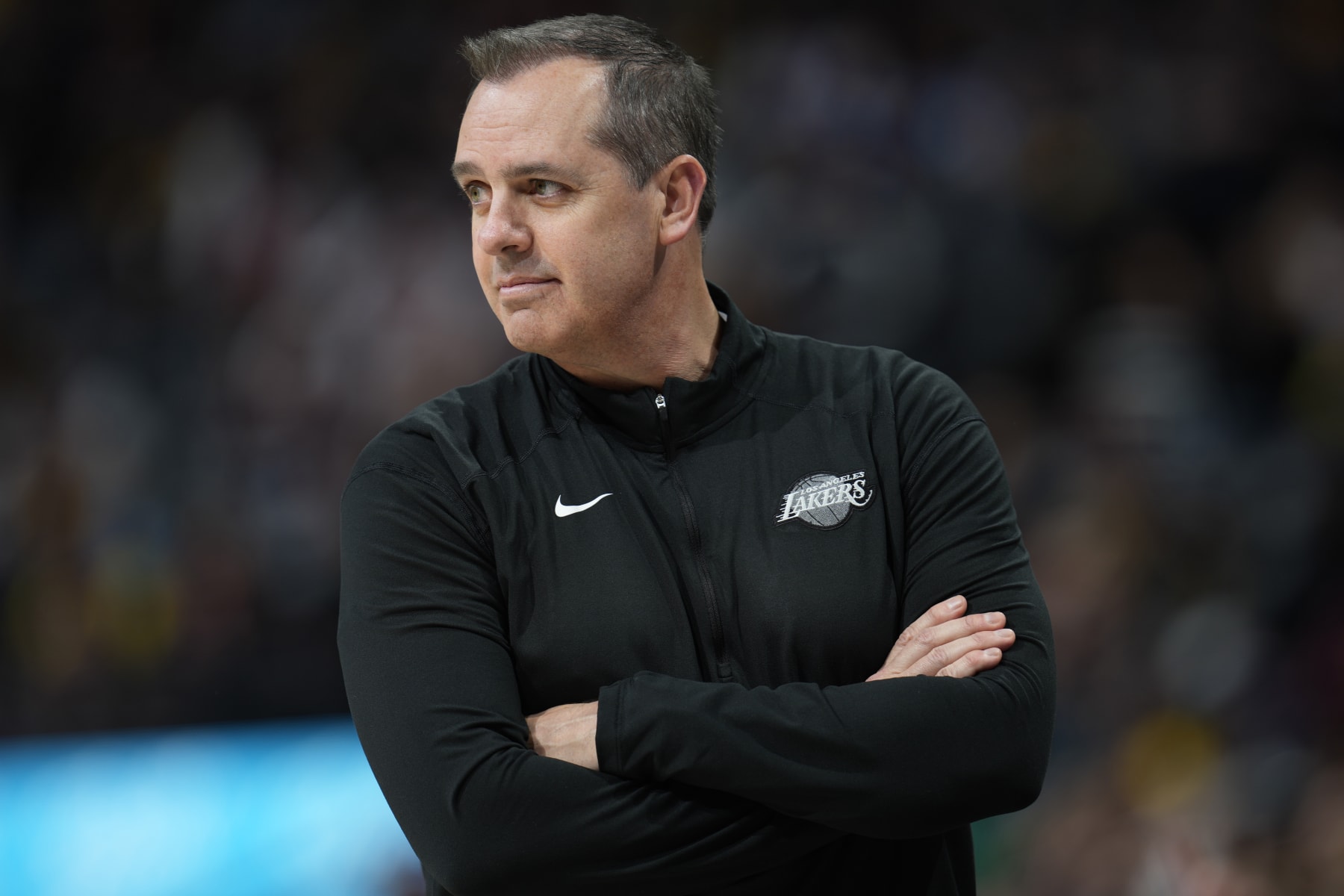 Los Angeles Lakers head coach Frank Vogel in the first half of an basketball game Sunday, April 10, 2022, in Denver. (AP Photo/David Zalubowski)
