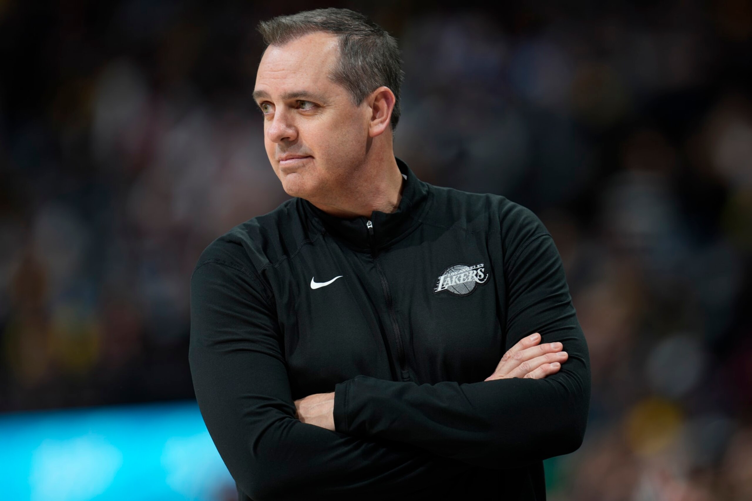 Los Angeles Lakers head coach Frank Vogel in the first half of an basketball game Sunday, April 10, 2022, in Denver. (AP Photo/David Zalubowski)