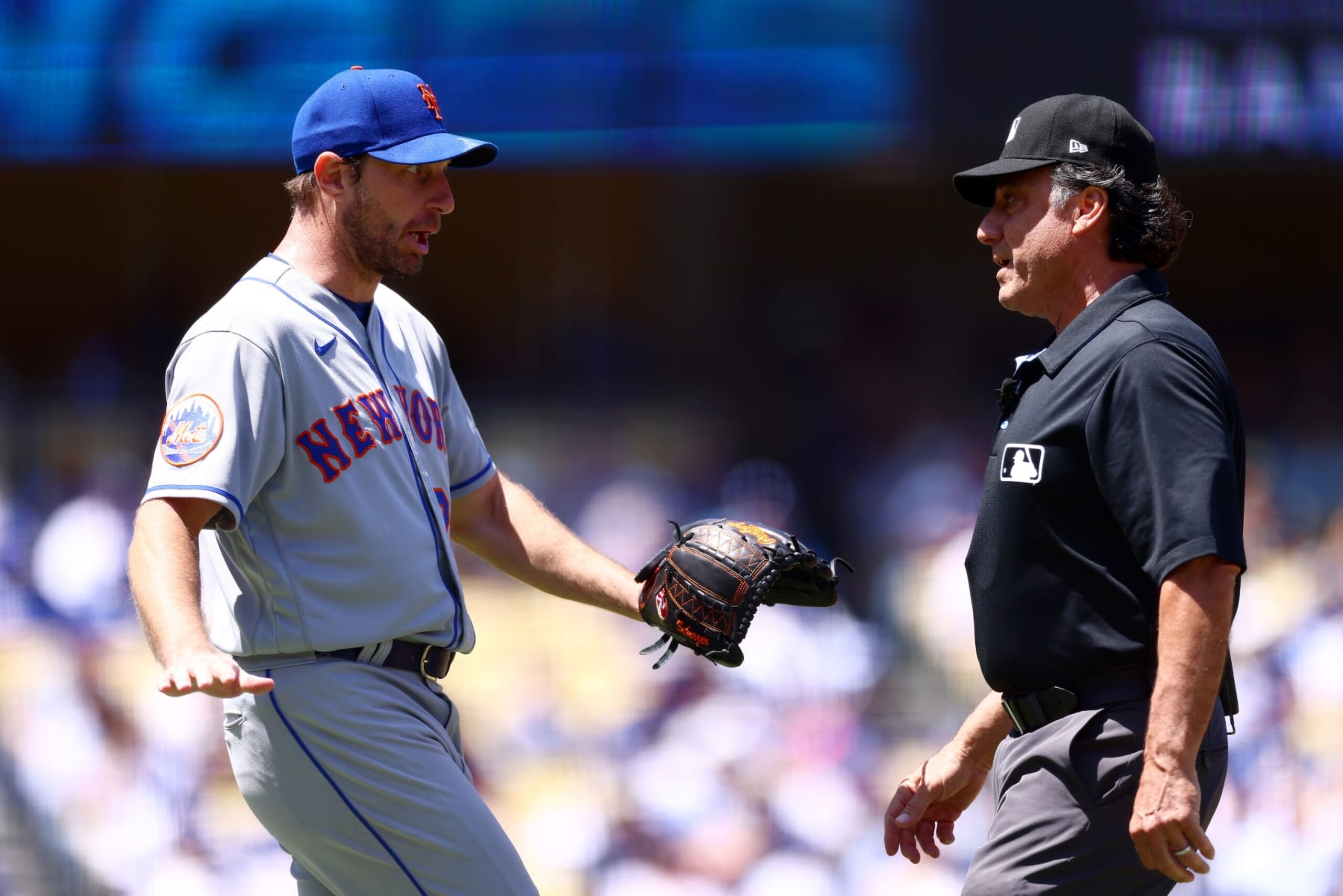 New York Mets' Max Scherzer and Umpire Phil Cuzzi
