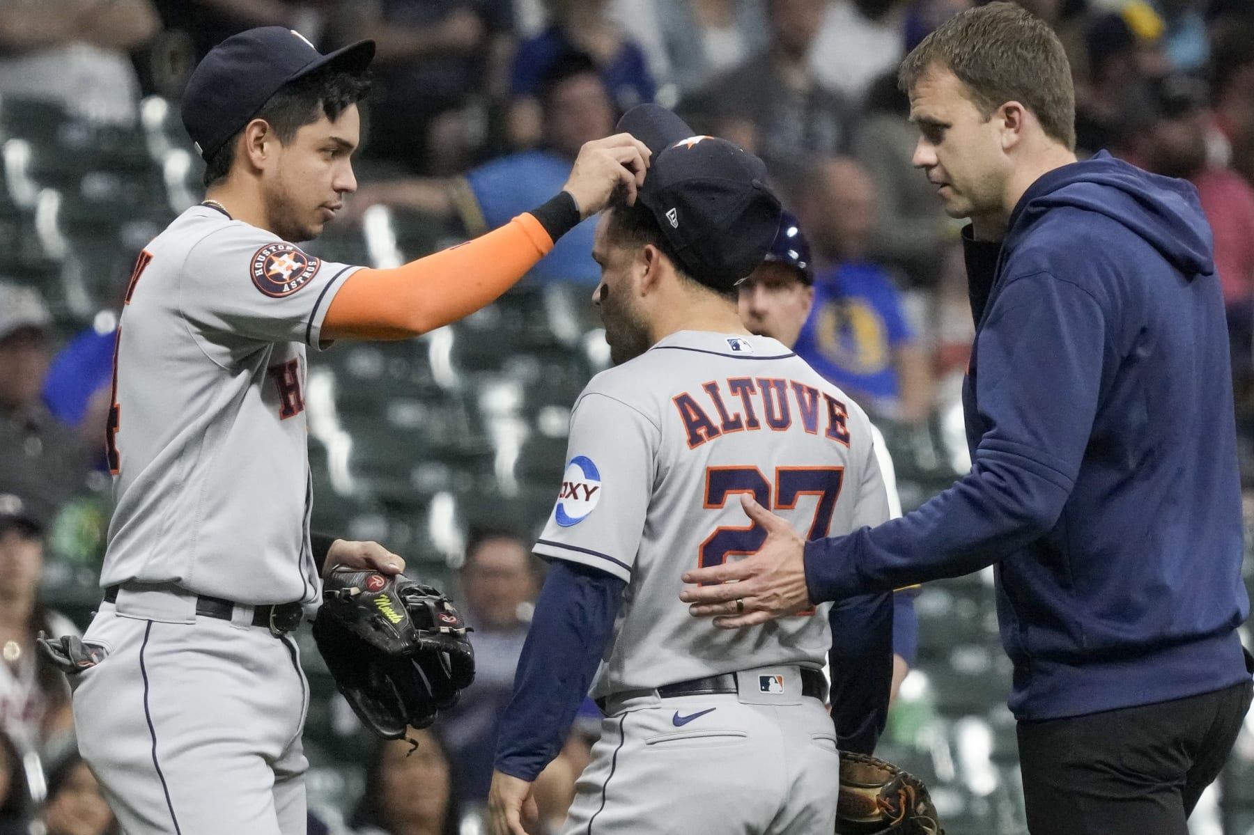 Houston Astros' Jose Altuve leaves the game during the sixth inning of a baseball game against the Milwaukee Brewers Tuesday, May 23, 2023, in Milwaukee. (AP Photo/Morry Gash) Houston Astros' Jose Altuve leaves the game during the sixth inning of a baseball game against the Milwaukee Brewers Tuesday, May 23, 2023, in Milwaukee. (AP Photo/Morry Gash)