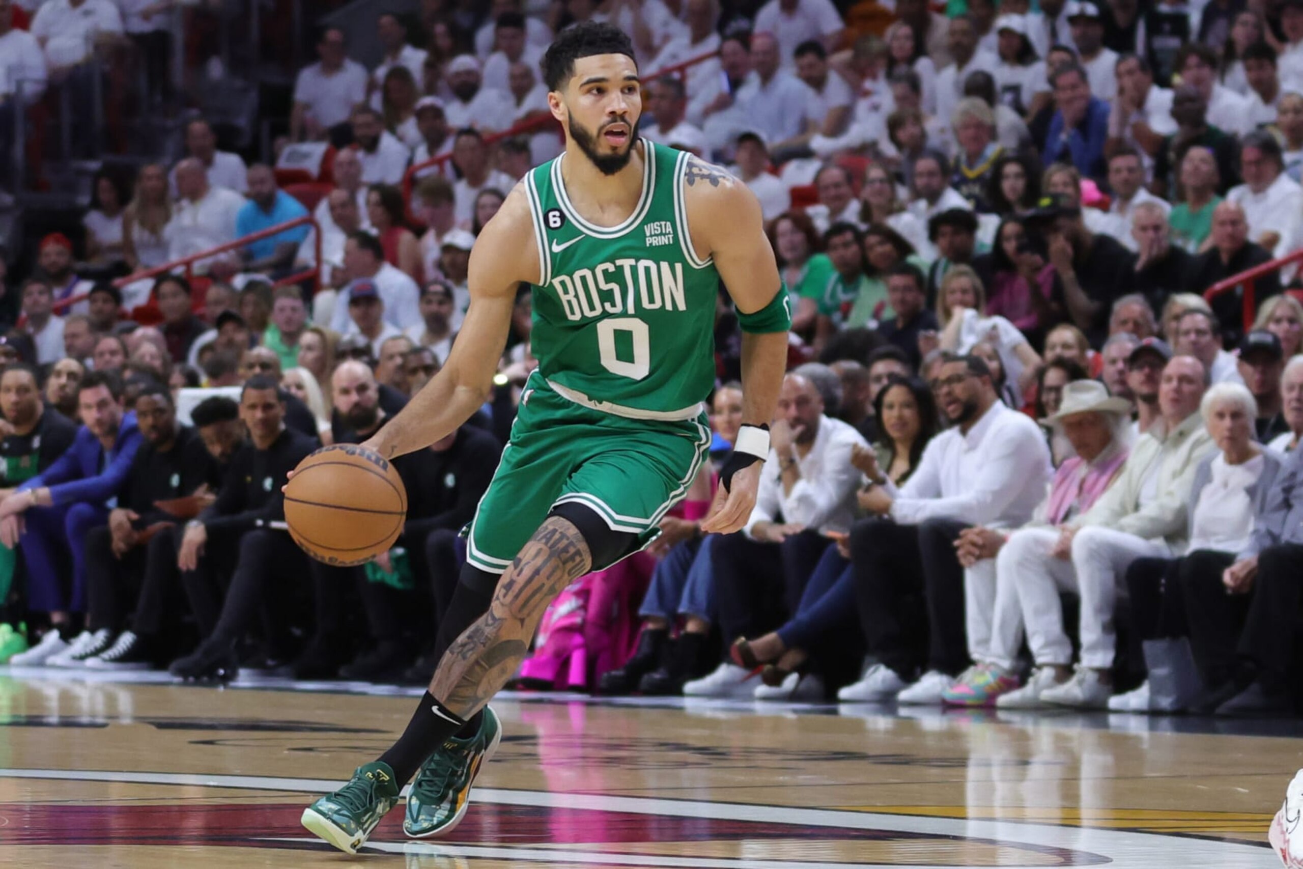 MIAMI, FLORIDA - MAY 23: Jayson Tatum #0 of the Boston Celtics controls the ball against the Miami Heat during the first quarter in game four of the Eastern Conference Finals at Kaseya Center on May 23, 2023 in Miami, Florida. NOTE TO USER: User expressly acknowledges and agrees that, by downloading and or using this photograph, User is consenting to the terms and conditions of the Getty Images License Agreement. (Photo by Megan Briggs/Getty Images)