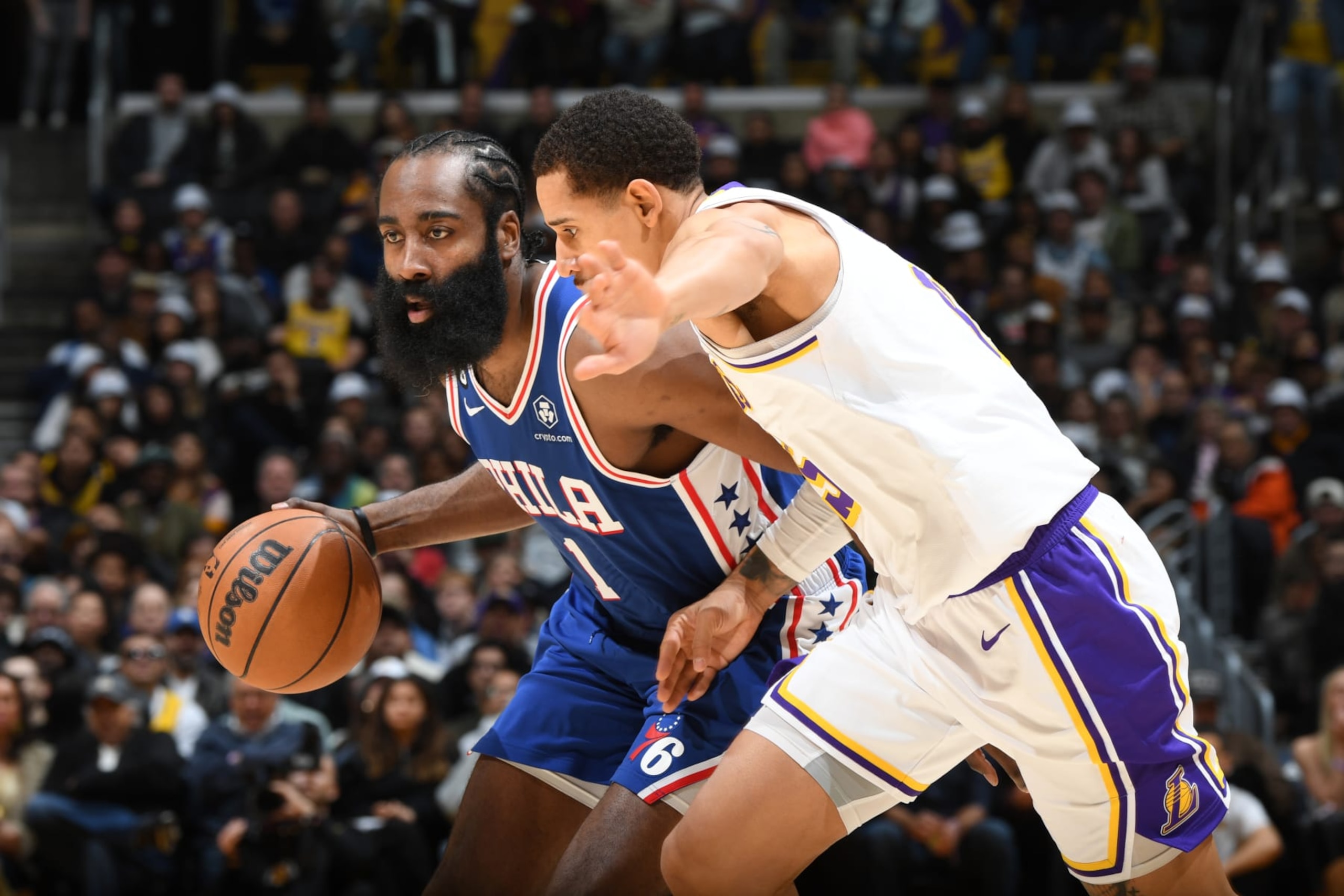 LOS ANGELES, CA - JANUARY 15: James Harden #1 of the Philadelphia 76ers dribbles the ball during the game against the Los Angeles Lakers on January 15, 2023 at Crypto.Com Arena in Los Angeles, California. NOTE TO USER: User expressly acknowledges and agrees that, by downloading and/or using this Photograph, user is consenting to the terms and conditions of the Getty Images License Agreement. Mandatory Copyright Notice: Copyright 2023 NBAE (Photo by Andrew D. Bernstein/NBAE via Getty Images)