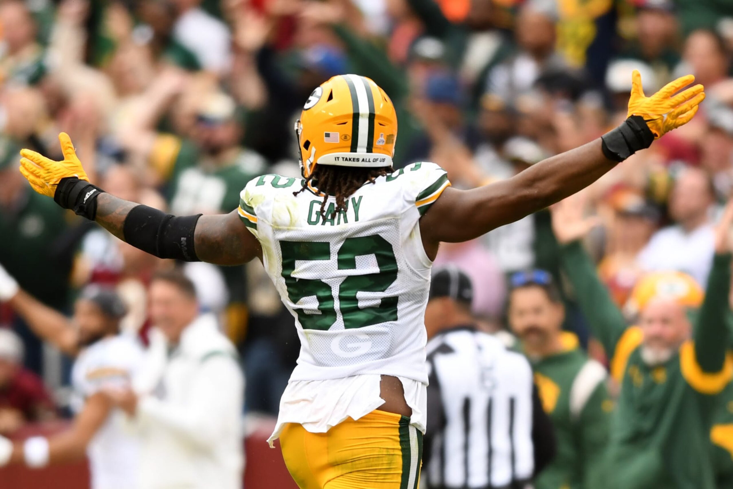 LANDOVER, MARYLAND - OCTOBER 23: Rashan Gary #52 of the Green Bay Packers reacts after a defensive stop during the second half against the Washington Commanders at FedExField on October 23, 2022 in Landover, Maryland. (Photo by Mitchell Layton/Getty Images) LANDOVER, MARYLAND - OCTOBER 23: Rashan Gary #52 of the Green Bay Packers reacts after a defensive stop during the second half against the Washington Commanders at FedExField on October 23, 2022 in Landover, Maryland. (Photo by Mitchell Layton/Getty Images)