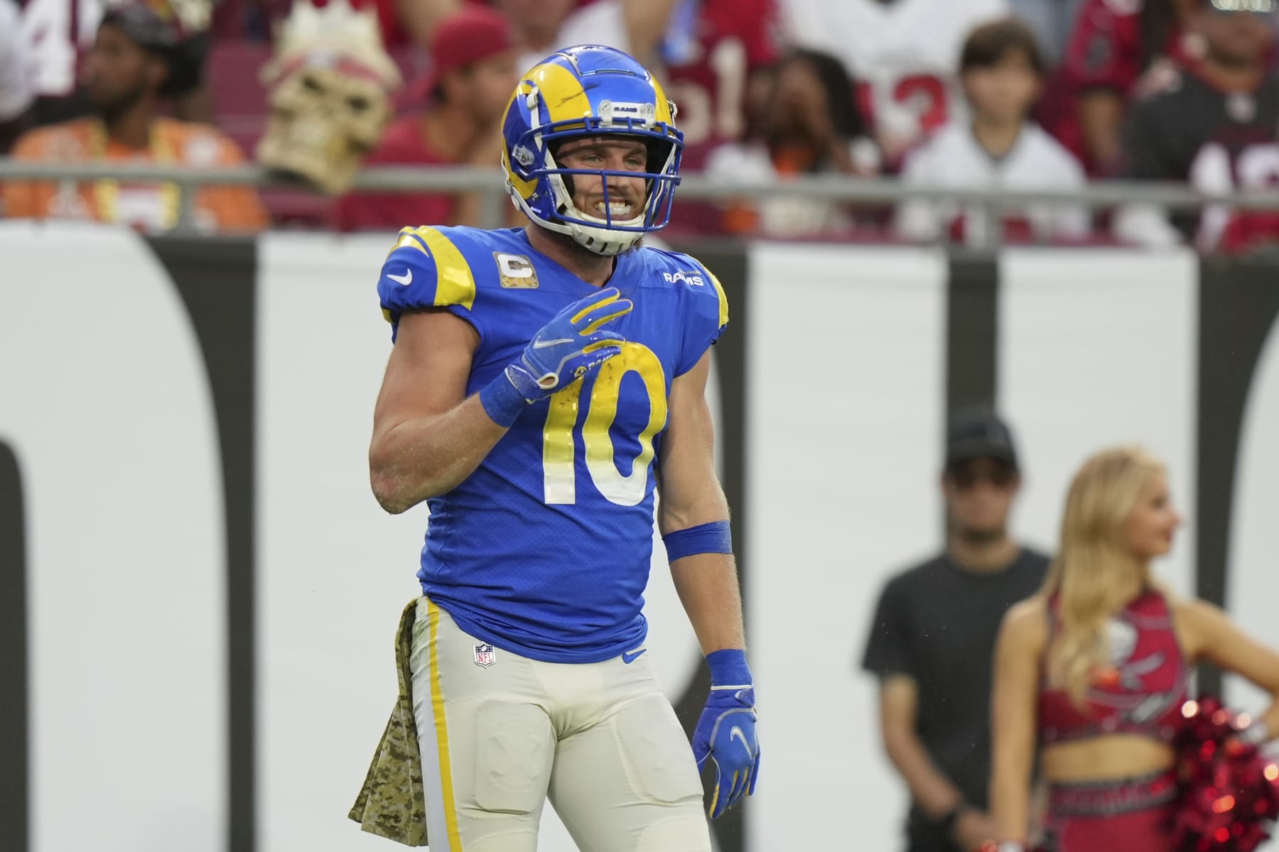 Los Angeles Rams wide receiver Cooper Kupp (10) celebrates his touchdown during an NFL football game against the Tampa Bay Buccaneers, Sunday, Nov. 6, 2022 in Tampa, Fla. The Buccaneers defeat the Rams 16-13. (AP Photo/Peter Joneleit)