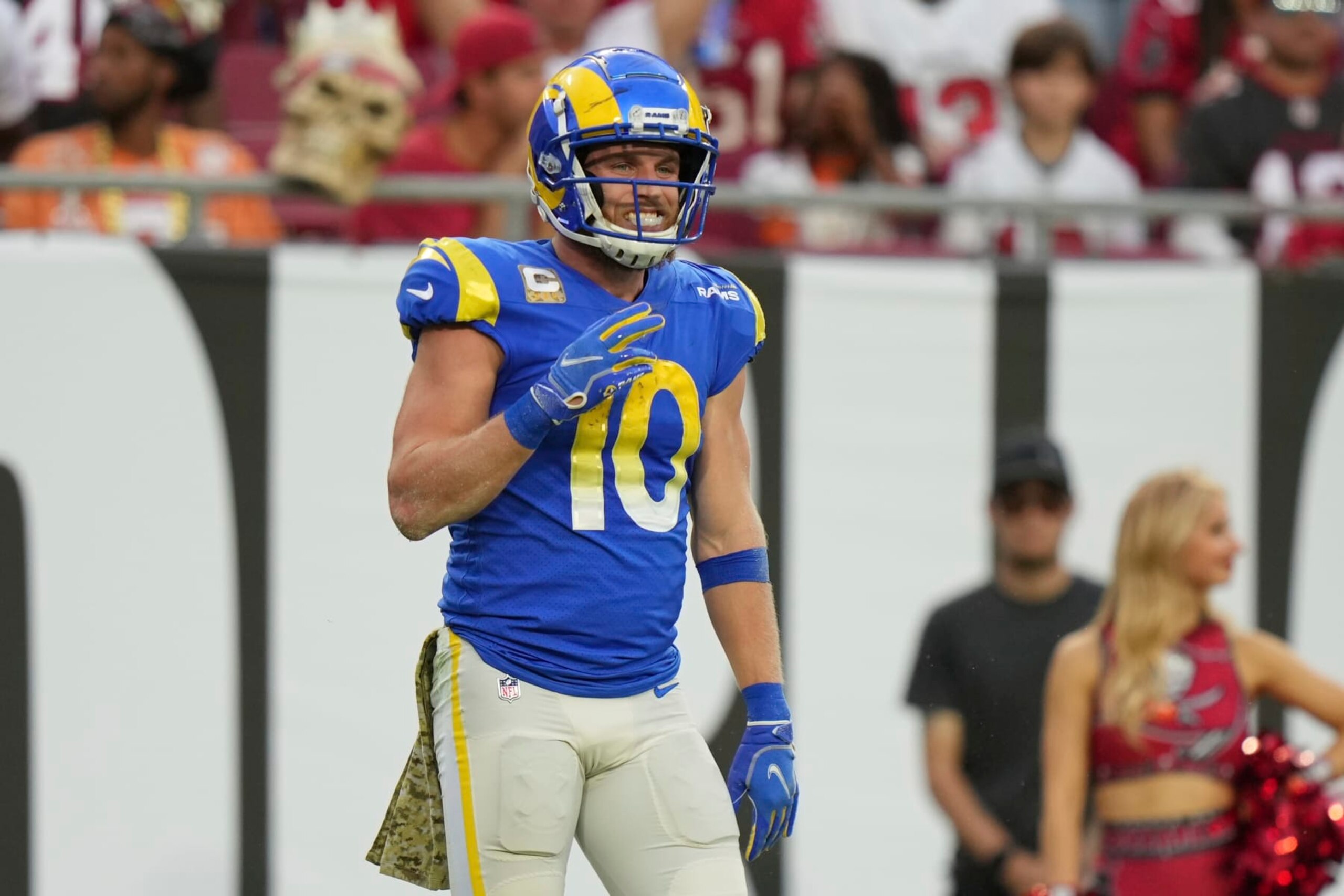 Los Angeles Rams wide receiver Cooper Kupp (10) celebrates his touchdown during an NFL football game against the Tampa Bay Buccaneers, Sunday, Nov. 6, 2022 in Tampa, Fla. The Buccaneers defeat the Rams 16-13. (AP Photo/Peter Joneleit) Los Angeles Rams wide receiver Cooper Kupp (10) celebrates his touchdown during an NFL football game against the Tampa Bay Buccaneers, Sunday, Nov. 6, 2022 in Tampa, Fla. The Buccaneers defeat the Rams 16-13. (AP Photo/Peter Joneleit)