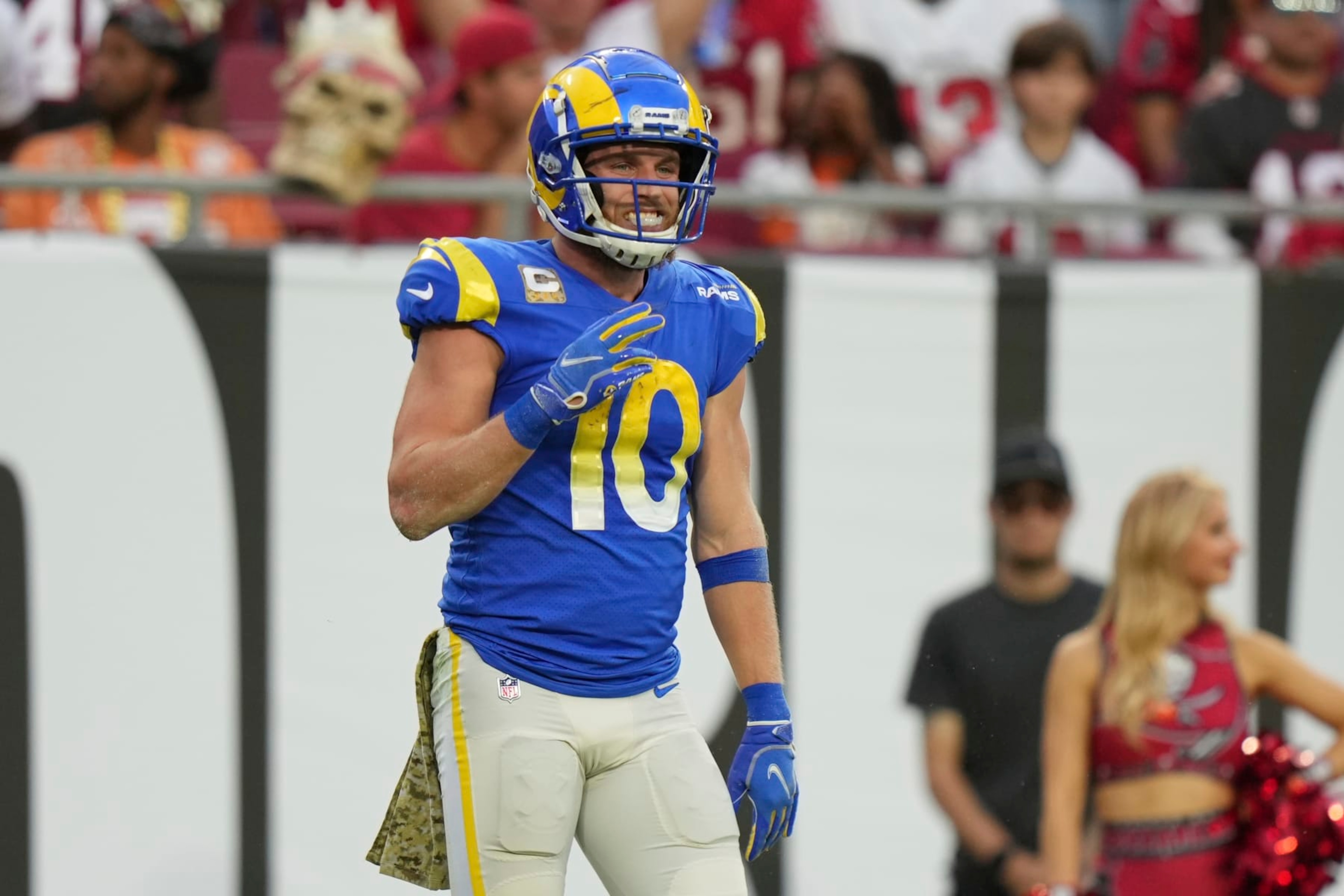 Los Angeles Rams wide receiver Cooper Kupp (10) celebrates his touchdown during an NFL football game against the Tampa Bay Buccaneers, Sunday, Nov. 6, 2022 in Tampa, Fla. The Buccaneers defeat the Rams 16-13. (AP Photo/Peter Joneleit)