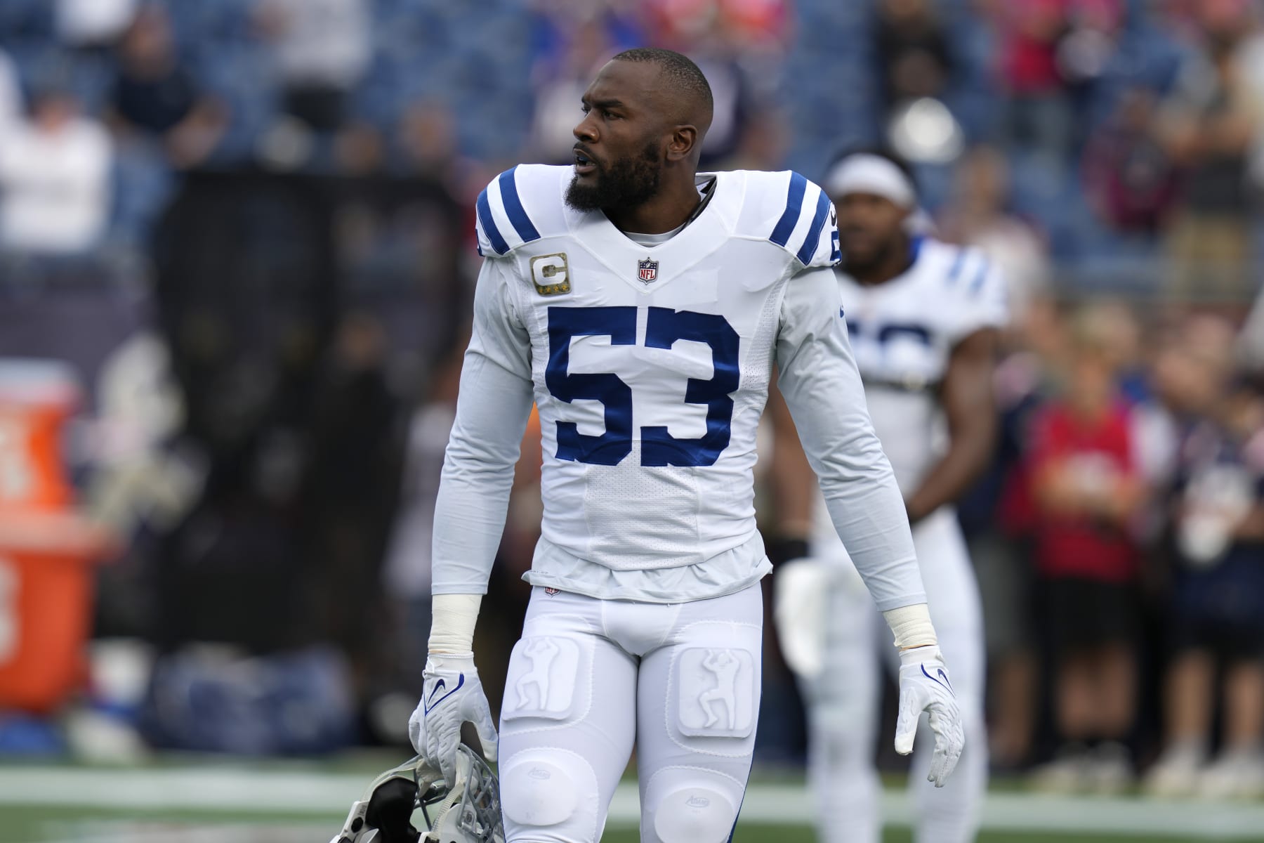 Indianapolis Colts linebacker Shaquille Leonard (53) warms up prior to an NFL football game against the New England Patriots, Sunday, Nov. 6, 2022, in Foxborough, Mass. (AP Photo/Charles Krupa)