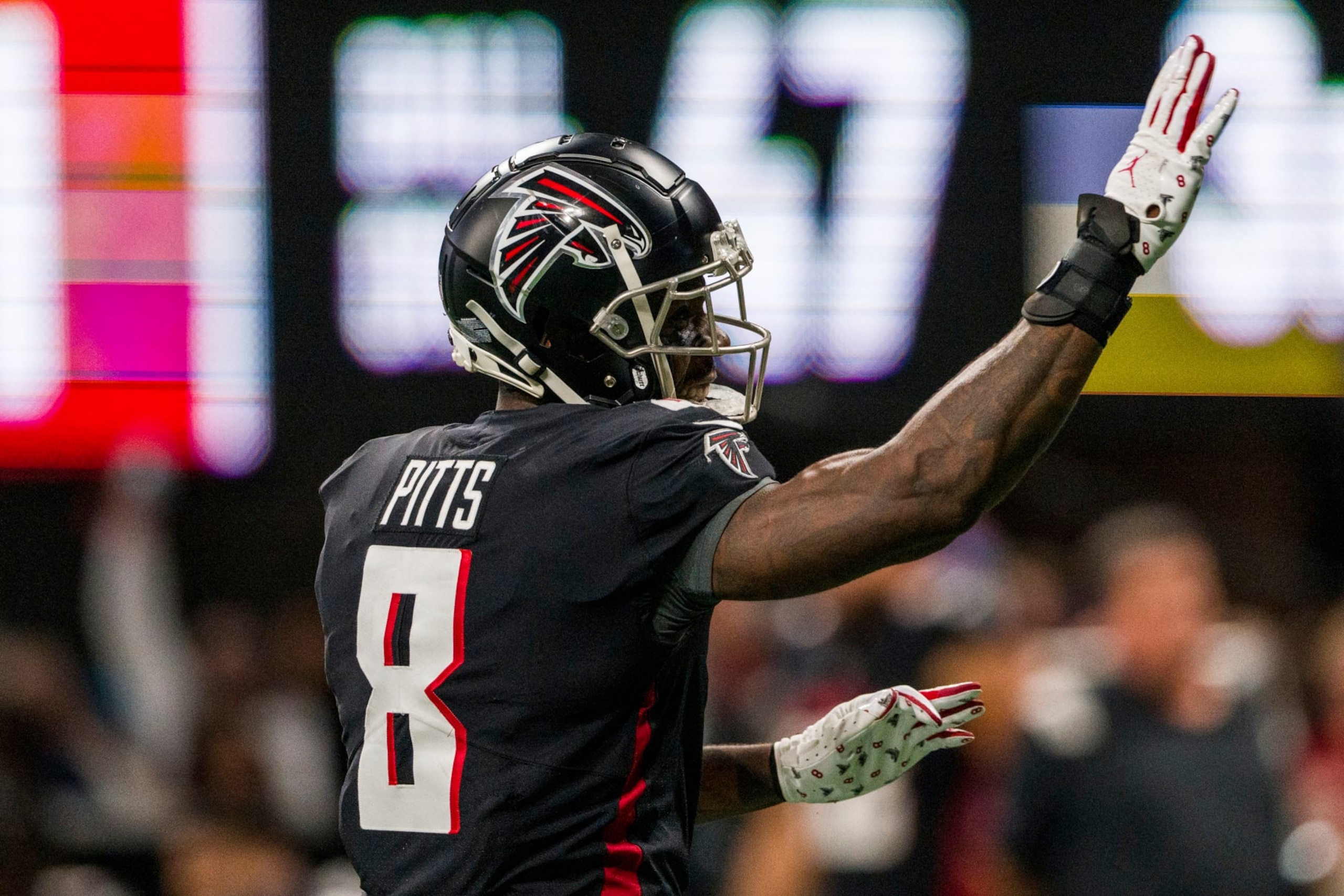 Atlanta Falcons tight end Kyle Pitts (8) signals for a first down during the second half of an NFL football game against the Carolina Panthers, Sunday, Oct. 30, 2022, in Atlanta. The Atlanta Falcons won 37-34. (AP Photo/Danny Karnik) Atlanta Falcons tight end Kyle Pitts (8) signals for a first down during the second half of an NFL football game against the Carolina Panthers, Sunday, Oct. 30, 2022, in Atlanta. The Atlanta Falcons won 37-34. (AP Photo/Danny Karnik)
