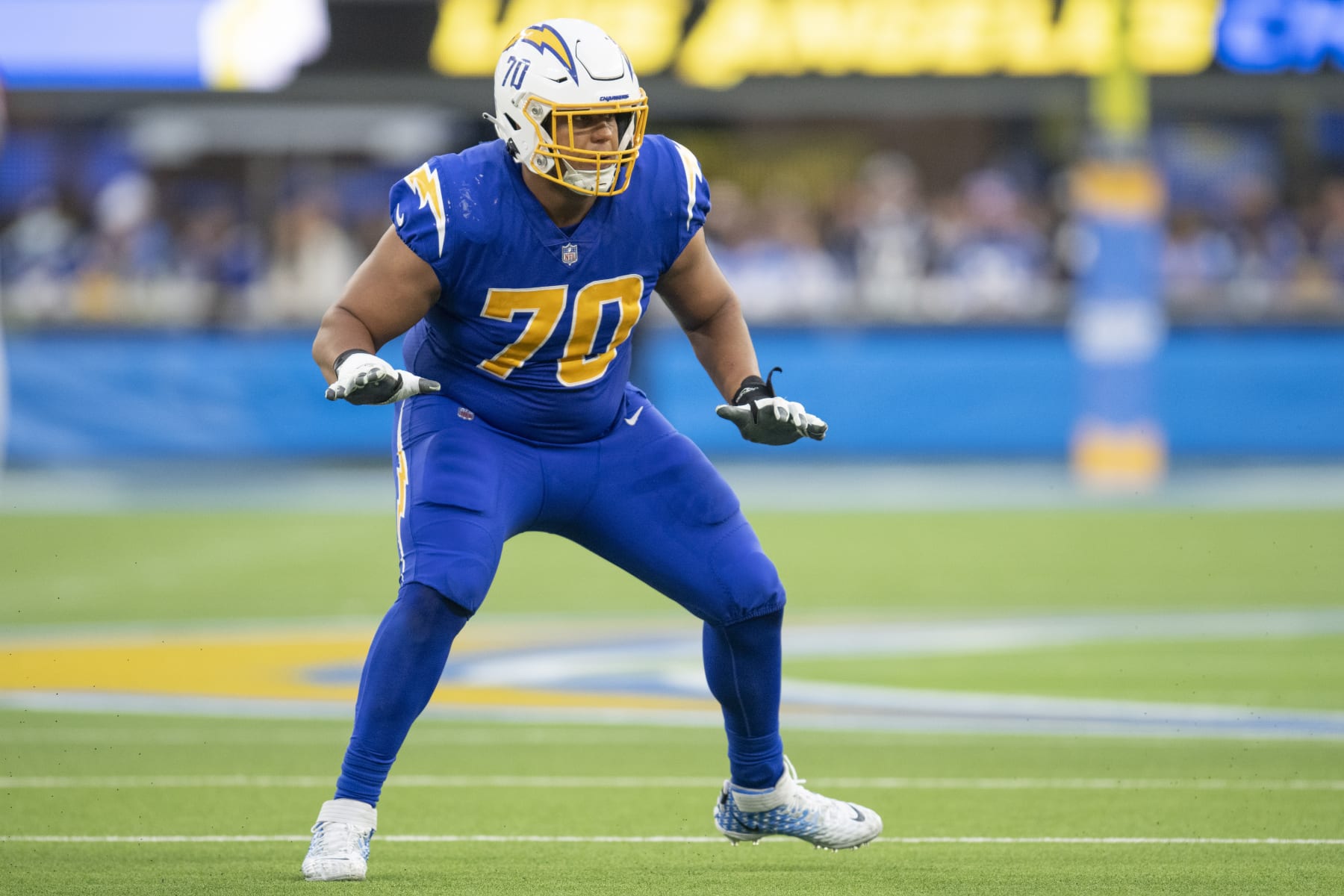 Los Angeles Chargers offensive tackle Rashawn Slater (70) takes his stance during an NFL football game against the New York Giants Sunday, Dec. 12, 2021, in Inglewood, Calif. (AP Photo/Kyusung Gong)