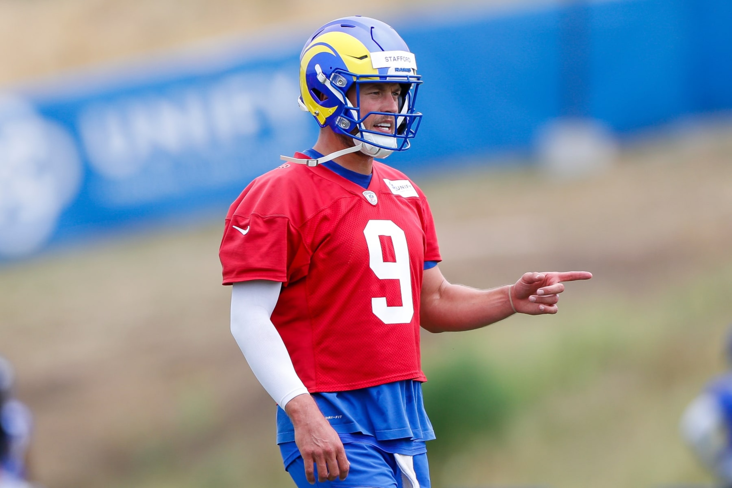 AGOURA HILLS, CA - MAY 23: Los Angeles Rams quarterback Matthew Stafford (9) gestures during a drill in the team's OTA practice on May 23, 2023, at the Rams Practice Facility in Agoura Hills, CA. (Photo by Brandon Sloter/Icon Sportswire via Getty Images) AGOURA HILLS, CA - MAY 23: Los Angeles Rams quarterback Matthew Stafford (9) gestures during a drill in the team's OTA practice on May 23, 2023, at the Rams Practice Facility in Agoura Hills, CA. (Photo by Brandon Sloter/Icon Sportswire via Getty Images)