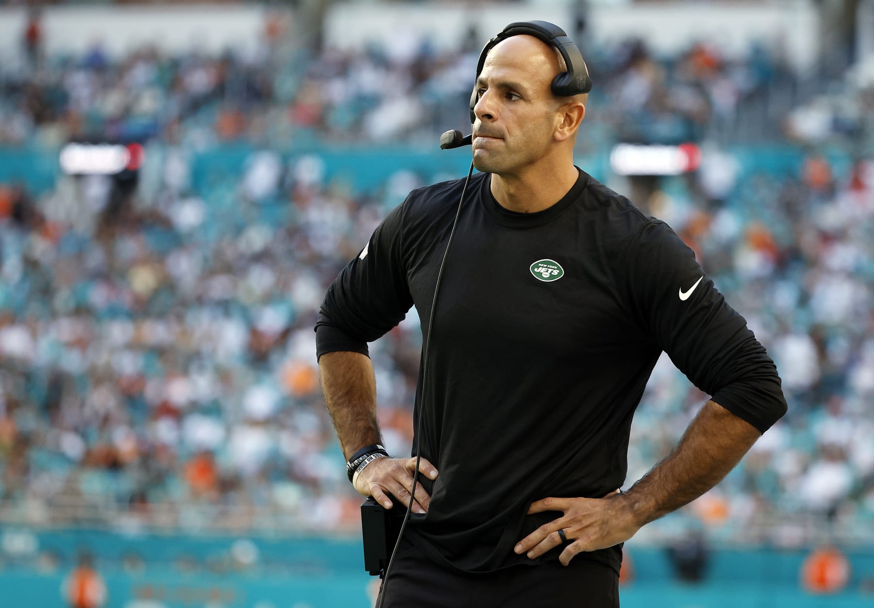 MIAMI GARDENS, FLORIDA - JANUARY 08: Head coach Robert Saleh of the New York Jets looks on during the second half against the Miami Dolphins at Hard Rock Stadium on January 08, 2023 in Miami Gardens, Florida. (Photo by Cliff Hawkins/Getty Images)