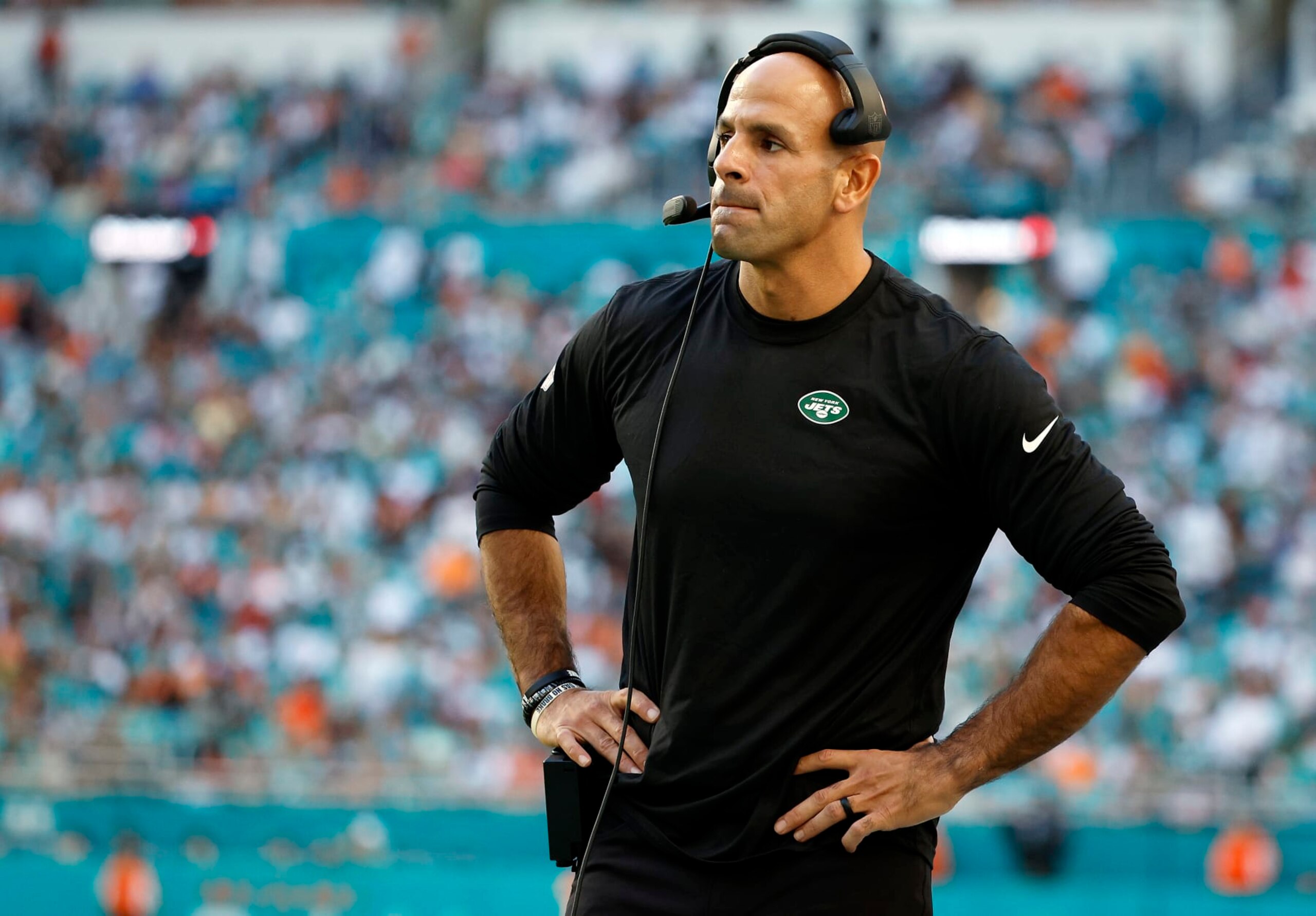 MIAMI GARDENS, FLORIDA - JANUARY 08: Head coach Robert Saleh of the New York Jets looks on during the second half against the Miami Dolphins at Hard Rock Stadium on January 08, 2023 in Miami Gardens, Florida. (Photo by Cliff Hawkins/Getty Images)