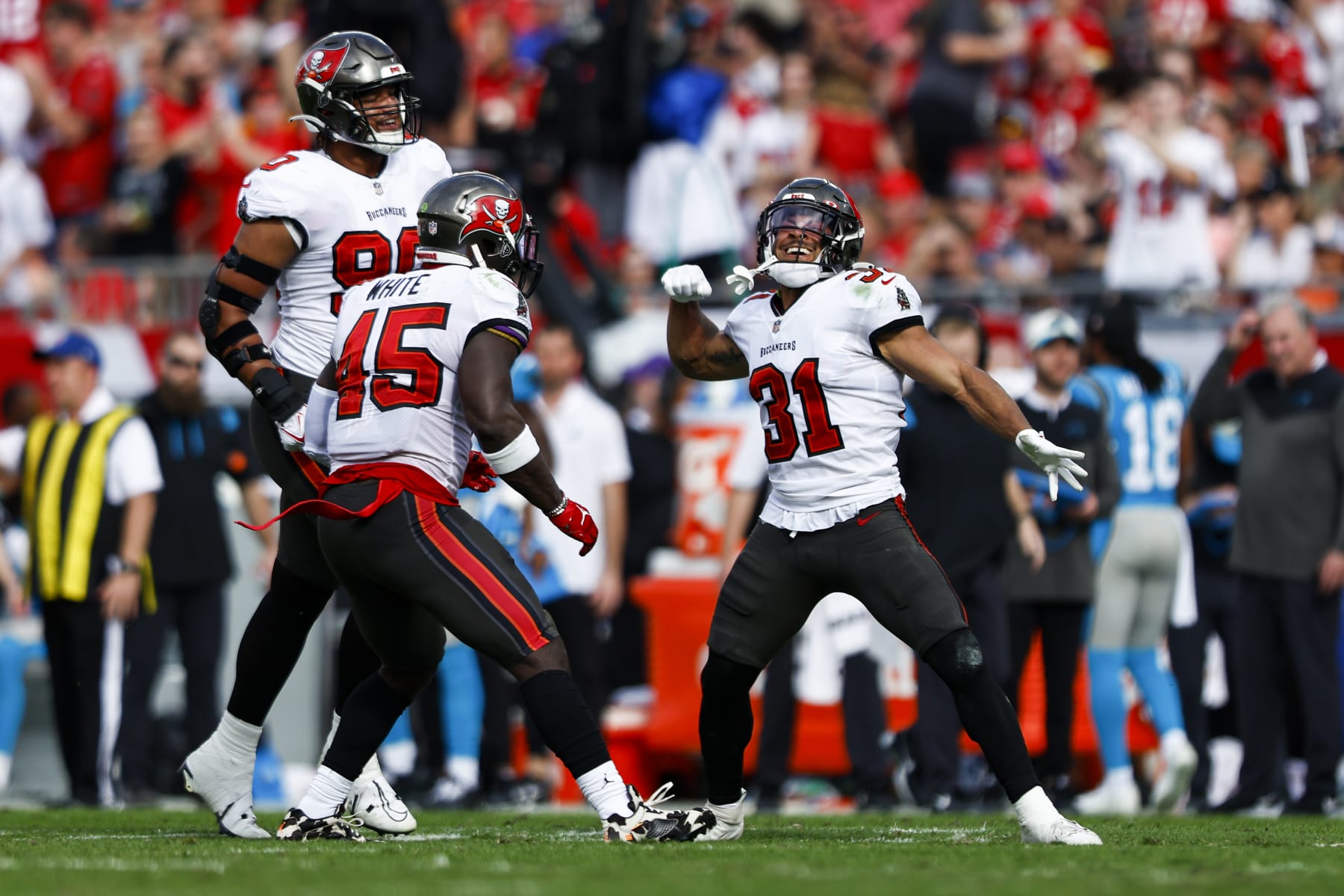 TAMPA, FL - JANUARY 1: Antoine Winfield Jr. #31 of the Tampa Bay Buccaneers celebrates after sacking Sam Darnold #14 of the Carolina Panthers during the second quarter of an NFL football game at Raymond James Stadium on January 1, 2023 in Tampa, Florida. (Photo by Kevin Sabitus/Getty Images)