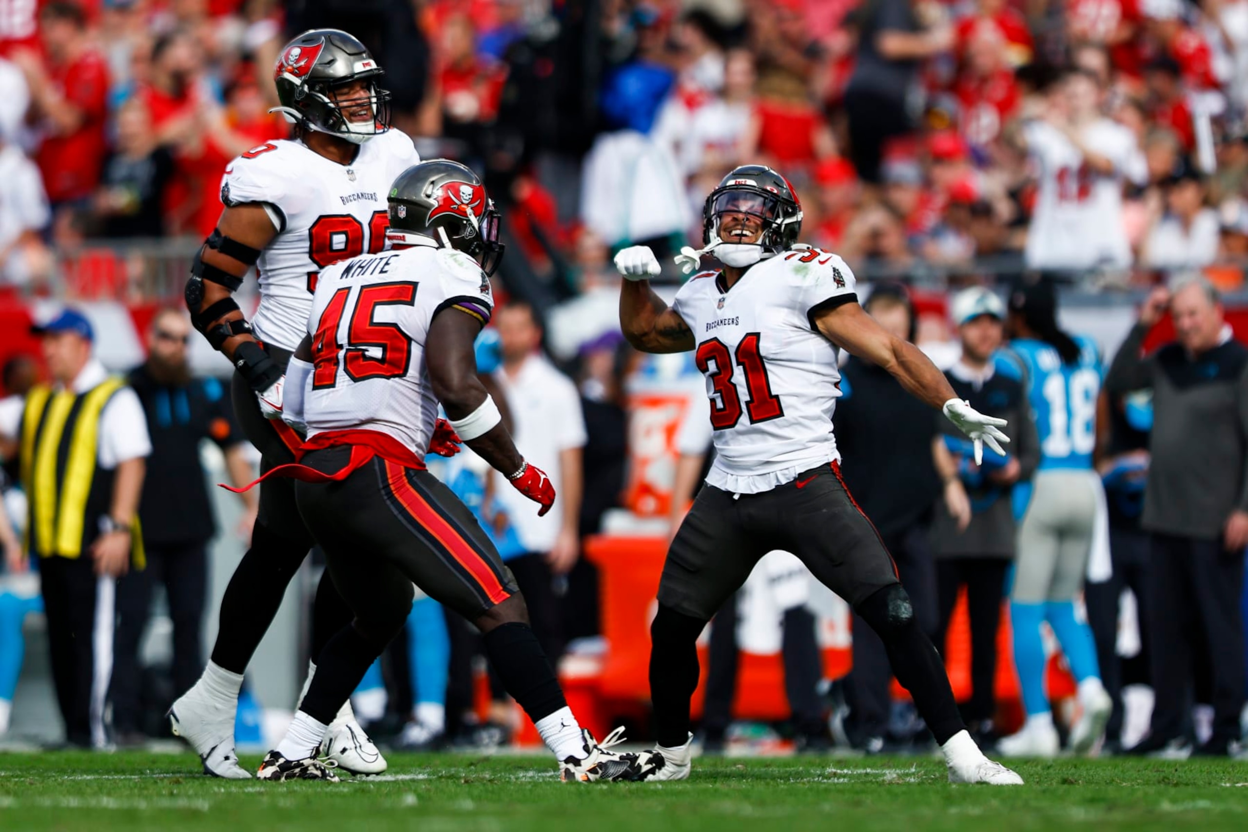 TAMPA, FL - JANUARY 1: Antoine Winfield Jr. #31 of the Tampa Bay Buccaneers celebrates after sacking Sam Darnold #14 of the Carolina Panthers during the second quarter of an NFL football game at Raymond James Stadium on January 1, 2023 in Tampa, Florida. (Photo by Kevin Sabitus/Getty Images)
