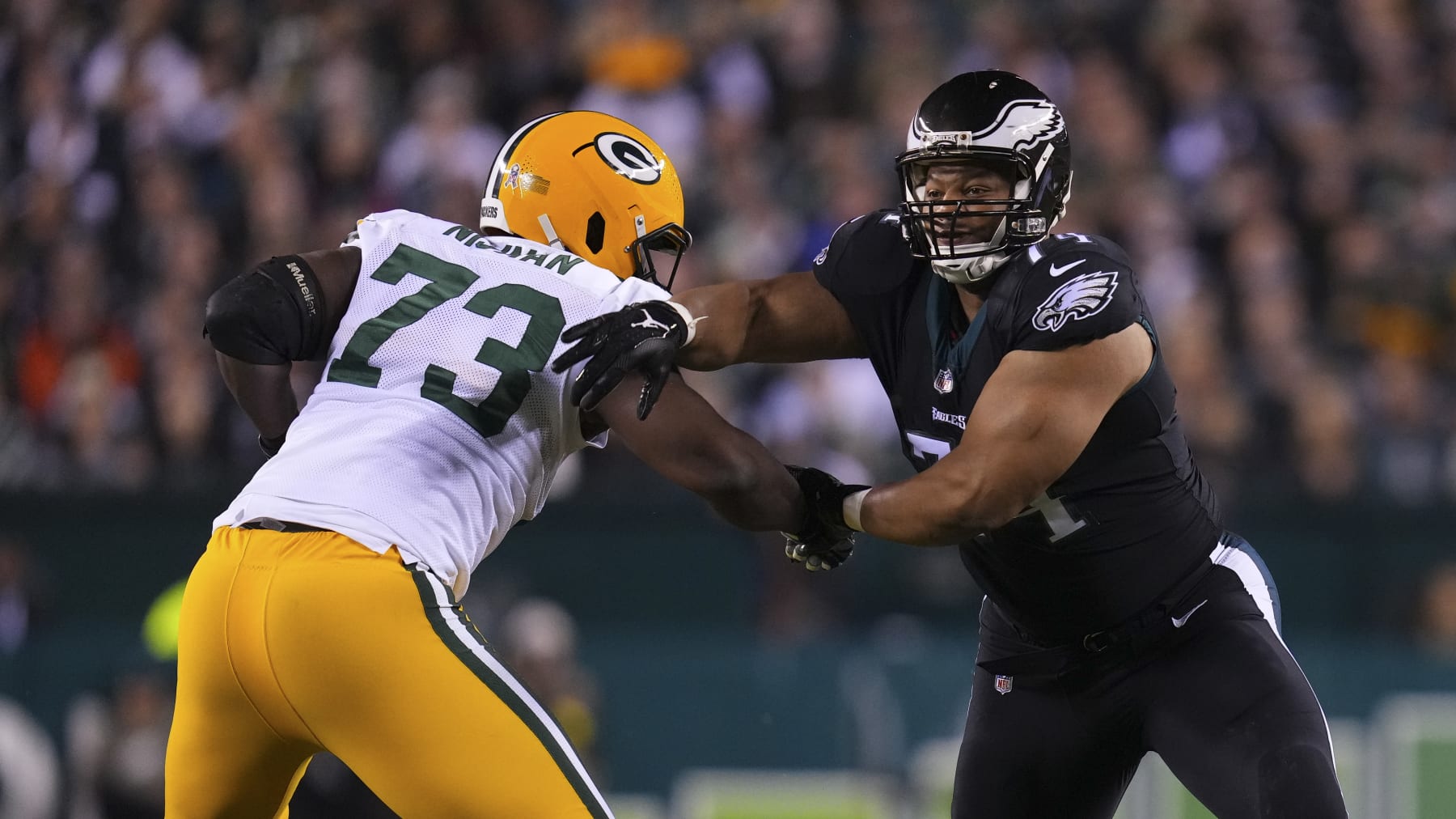 PHILADELPHIA, PA - NOVEMBER 27: Ndamukong Suh #74 of the Philadelphia Eagles rushes the passer against Yosh Nijman #73 of the Green Bay Packers at Lincoln Financial Field on November 27, 2022 in Philadelphia, Pennsylvania. (Photo by Mitchell Leff/Getty Images)
