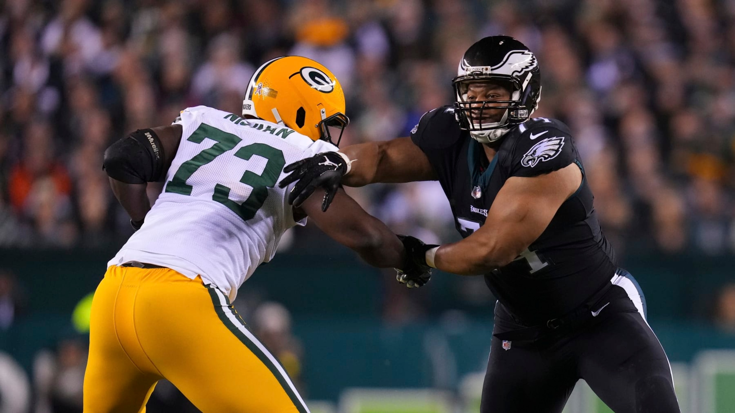 PHILADELPHIA, PA - NOVEMBER 27: Ndamukong Suh #74 of the Philadelphia Eagles rushes the passer against Yosh Nijman #73 of the Green Bay Packers at Lincoln Financial Field on November 27, 2022 in Philadelphia, Pennsylvania. (Photo by Mitchell Leff/Getty Images)