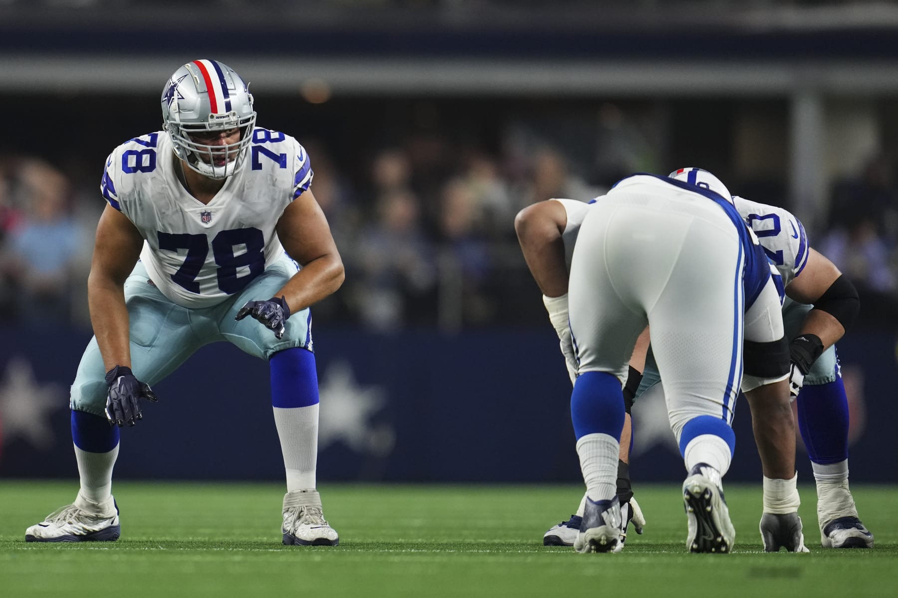 ARLINGTON, TX - DECEMBER 04: Terence Steele #78 of the Dallas Cowboys gets set against the Indianapolis Colts at AT&T Stadium on December 4, 2022 in Arlington, Texas. (Photo by Cooper Neill/Getty Images)
