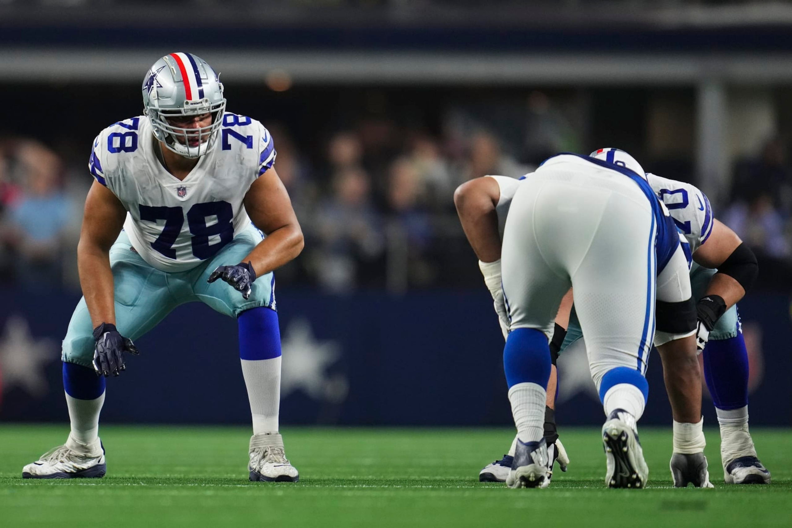 ARLINGTON, TX - DECEMBER 04: Terence Steele #78 of the Dallas Cowboys gets set against the Indianapolis Colts at AT&T Stadium on December 4, 2022 in Arlington, Texas. (Photo by Cooper Neill/Getty Images)