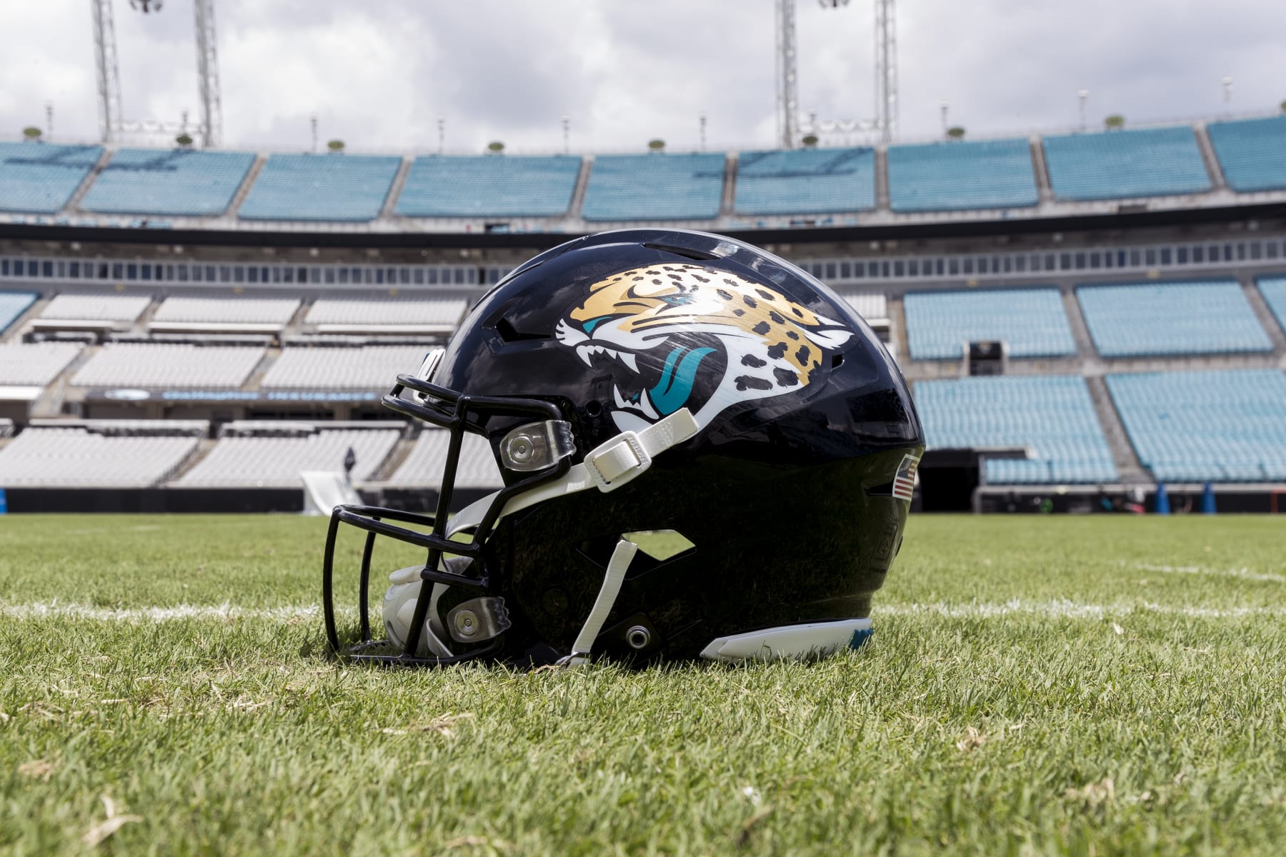 JACKSONVILLE, FL - MAY 13: A general view of the Jacksonville Jaguars Helmet on the field during Rookie Mini Camp at TIAA Bank Field on May 13, 2023 in Jacksonville, Florida. (Photo by Don Juan Moore/Getty Images)
