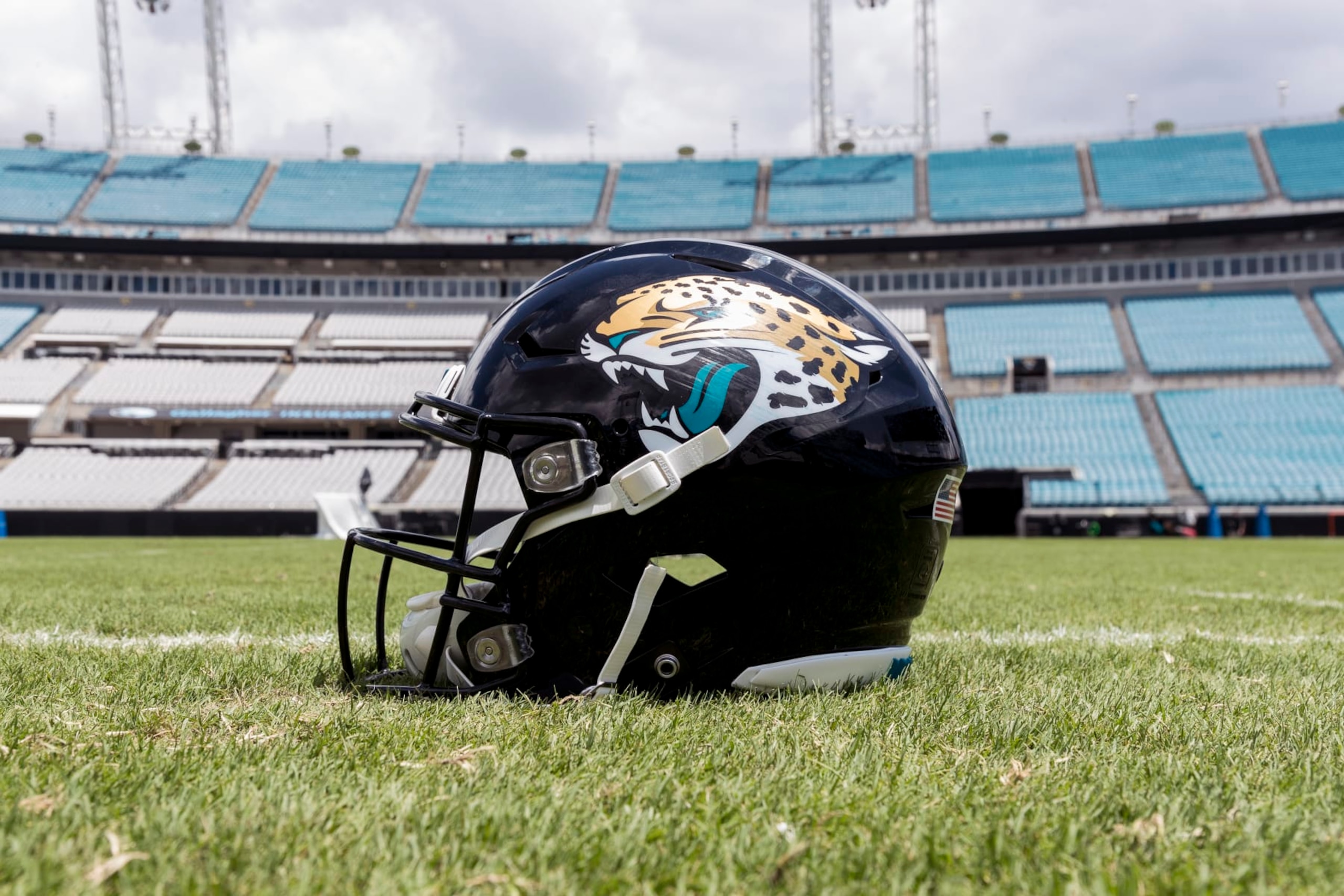 JACKSONVILLE, FL - MAY 13: A general view of the Jacksonville Jaguars Helmet on the field during Rookie Mini Camp at TIAA Bank Field on May 13, 2023 in Jacksonville, Florida. (Photo by Don Juan Moore/Getty Images)