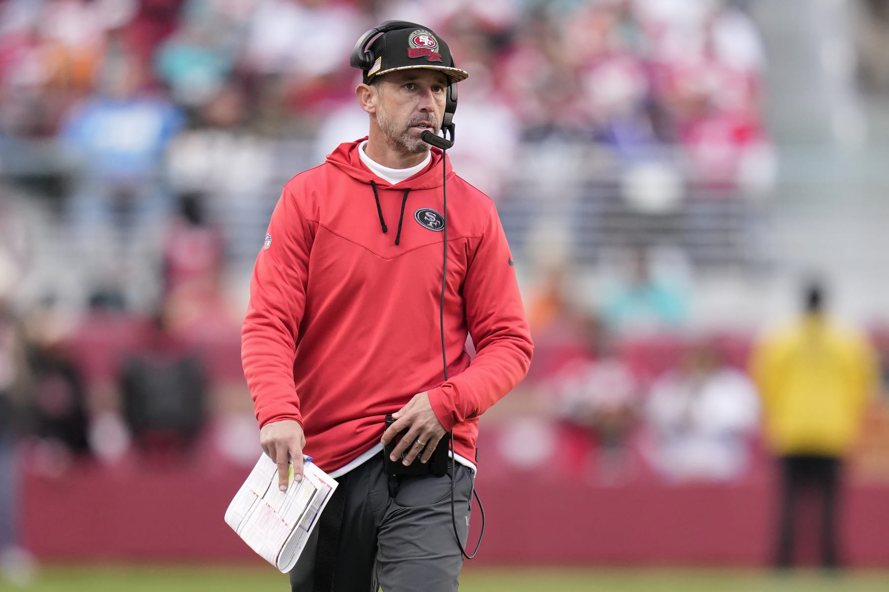 San Francisco 49ers head coach Kyle Shanahan watches from the sideline during the second half of the team's NFL football game against the Miami Dolphins in Santa Clara, Calif., Sunday, Dec. 4, 2022. (AP Photo/Godofredo A. Vásquez) San Francisco 49ers head coach Kyle Shanahan watches from the sideline during the second half of the team's NFL football game against the Miami Dolphins in Santa Clara, Calif., Sunday, Dec. 4, 2022. (AP Photo/Godofredo A. Vásquez)