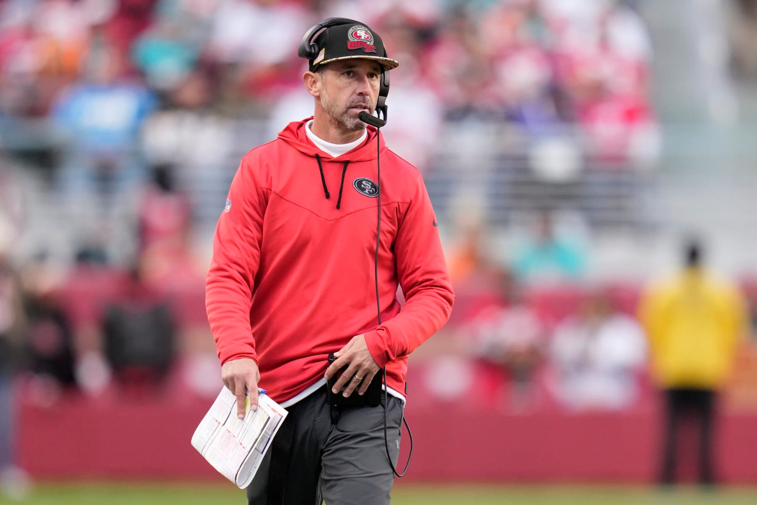 San Francisco 49ers head coach Kyle Shanahan watches from the sideline during the second half of the team's NFL football game against the Miami Dolphins in Santa Clara, Calif., Sunday, Dec. 4, 2022. (AP Photo/Godofredo A. Vásquez)