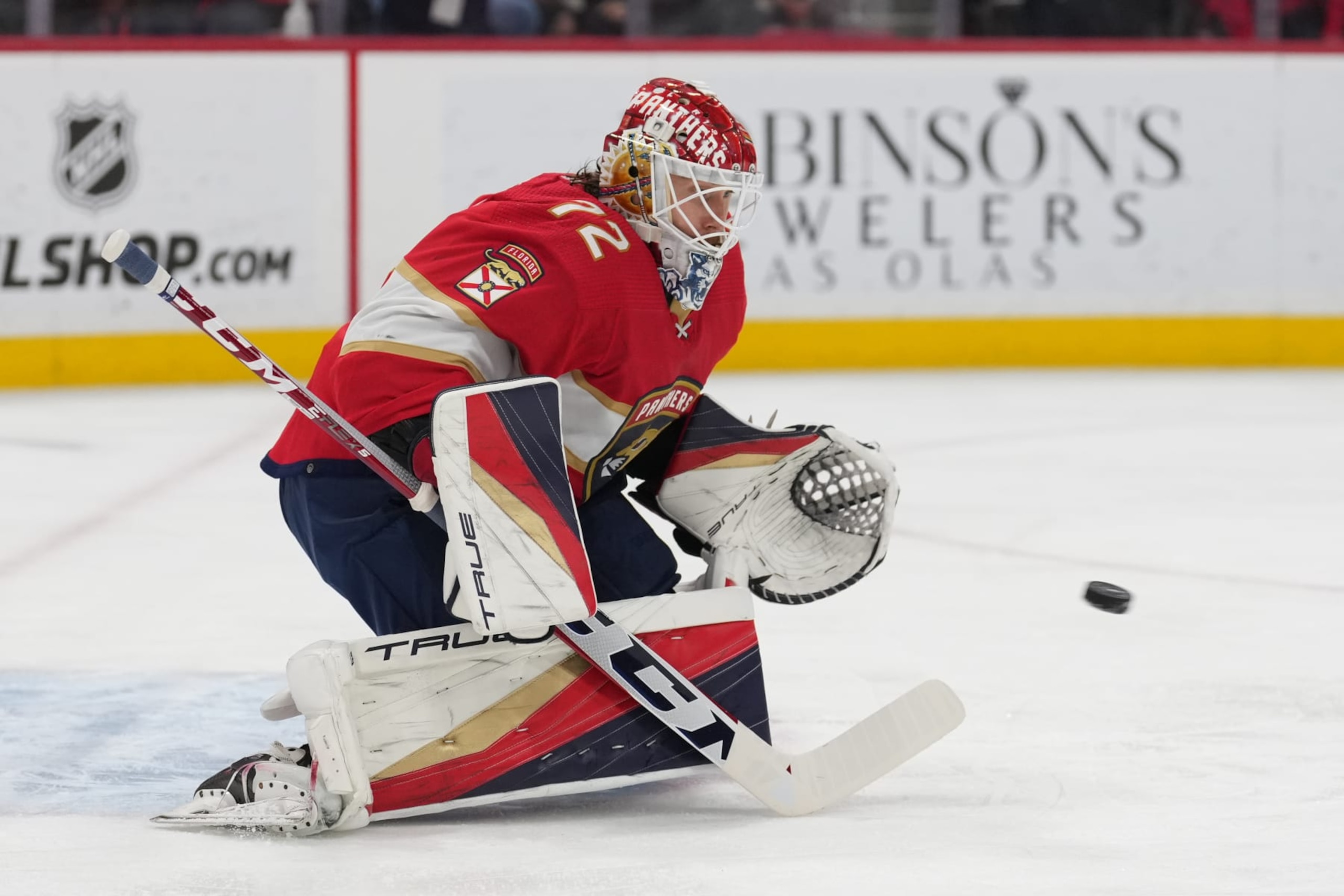 SUNRISE, FL - MAY 22: Florida Panthers goaltender Sergei Bobrovsky (72) watches an incoming shot on goal in the first period during game three of the Eastern Conference Finals between the Carolina Hurricanes and the Florida Panthers on Monday, May 22, 2023 at FLA Live Arena in Sunrise, Fla. (Photo by Peter Joneleit/Icon Sportswire via Getty Images)