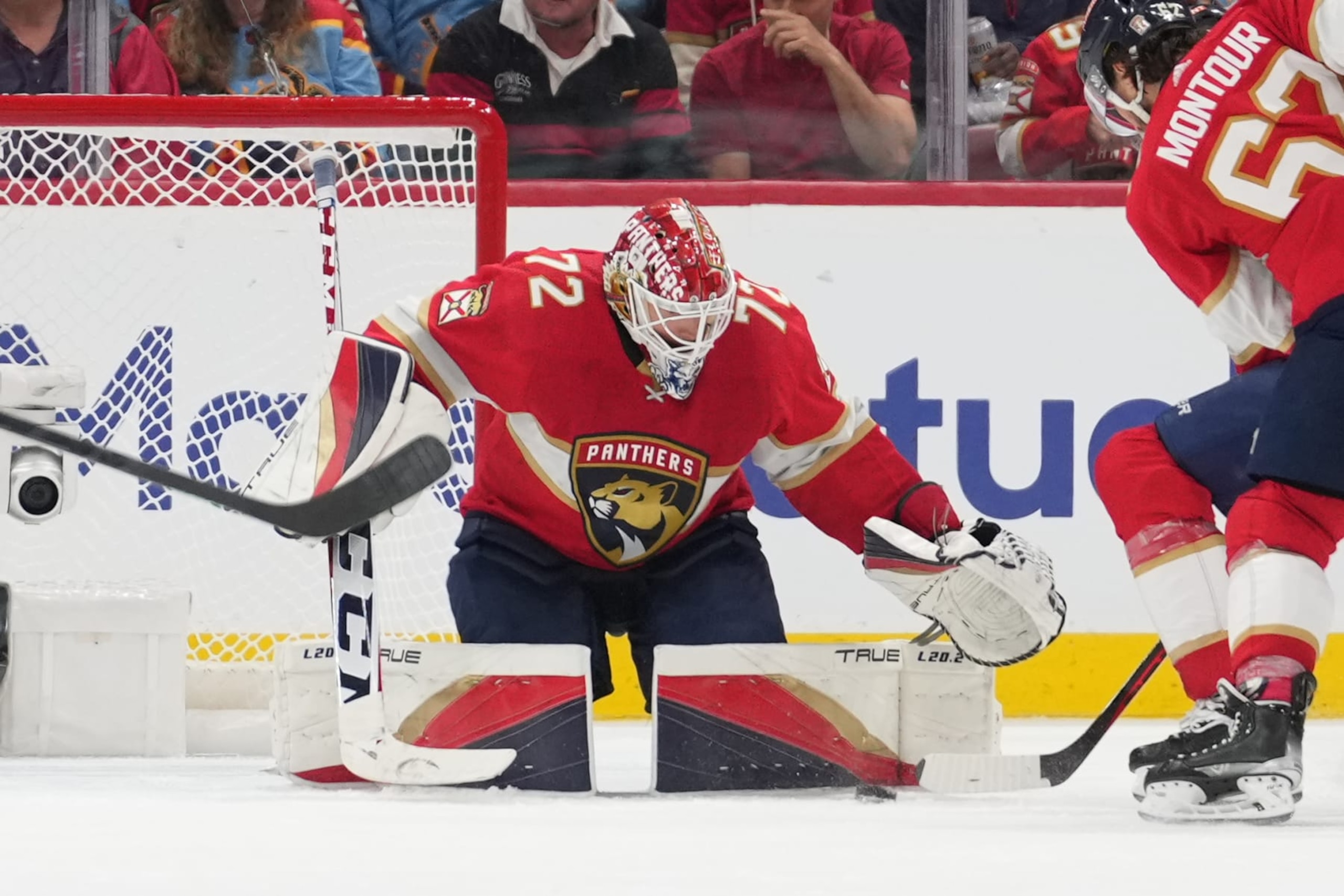SUNRISE, FL - MAY 22:Florida Panthers goaltender Sergei Bobrovsky (72) makes a save in the third period  during game three of the Eastern Conference Finals between the Carolina Hurricanes and the Florida Panthers on Monday, May 22, 2023 at FLA Live Arena in Sunrise, Fla. (Photo by Peter Joneleit/Icon Sportswire via Getty Images)