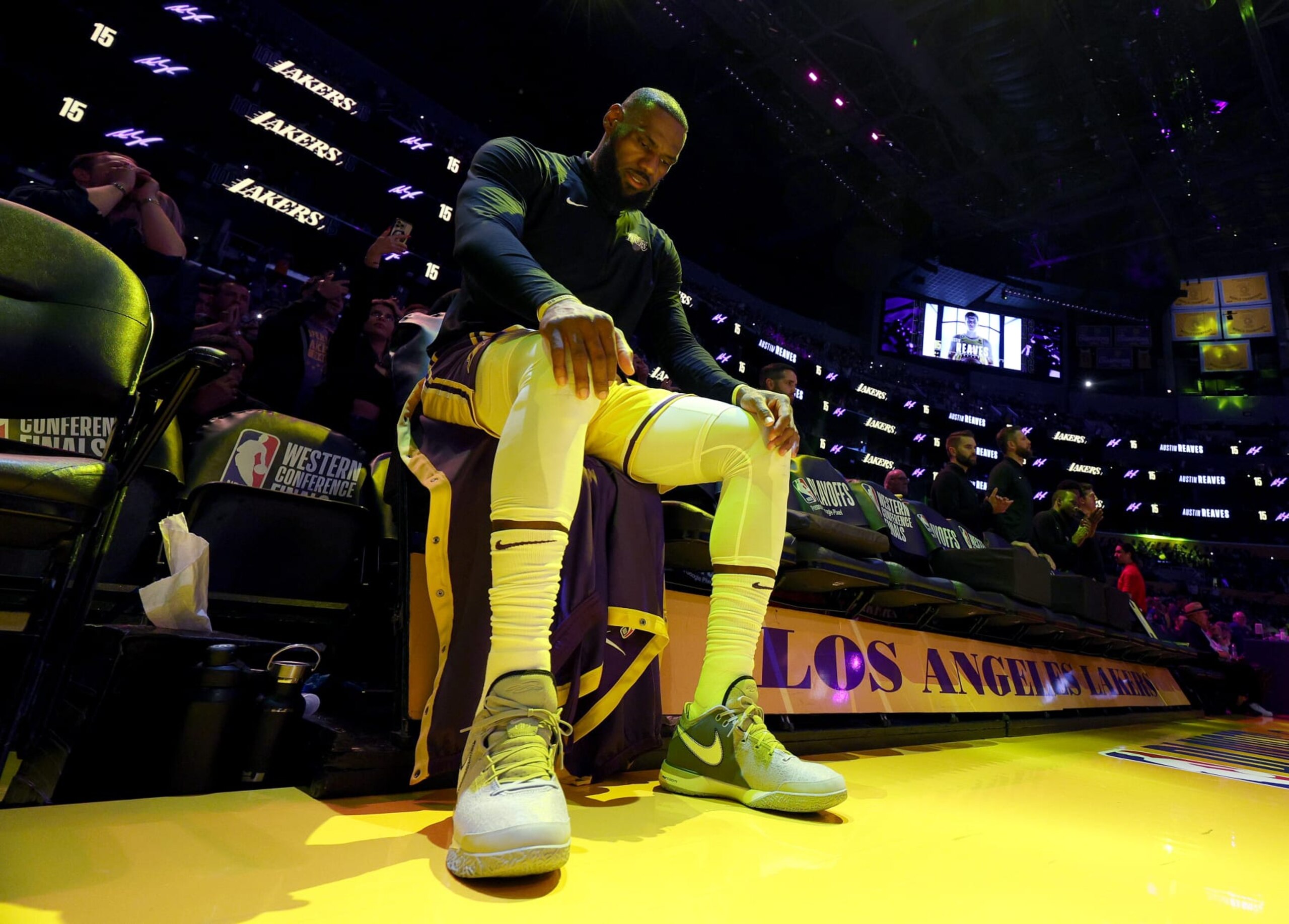 LOS ANGELES, CALIFORNIA - MAY 22: LeBron James #6 of the Los Angeles Lakers sits on the bench prior to game four of the Western Conference Finals against the Denver Nuggets at Crypto.com Arena on May 22, 2023 in Los Angeles, California. NOTE TO USER: User expressly acknowledges and agrees that, by downloading and or using this photograph, User is consenting to the terms and conditions of the Getty Images License Agreement. (Photo by Harry How/Getty Images)