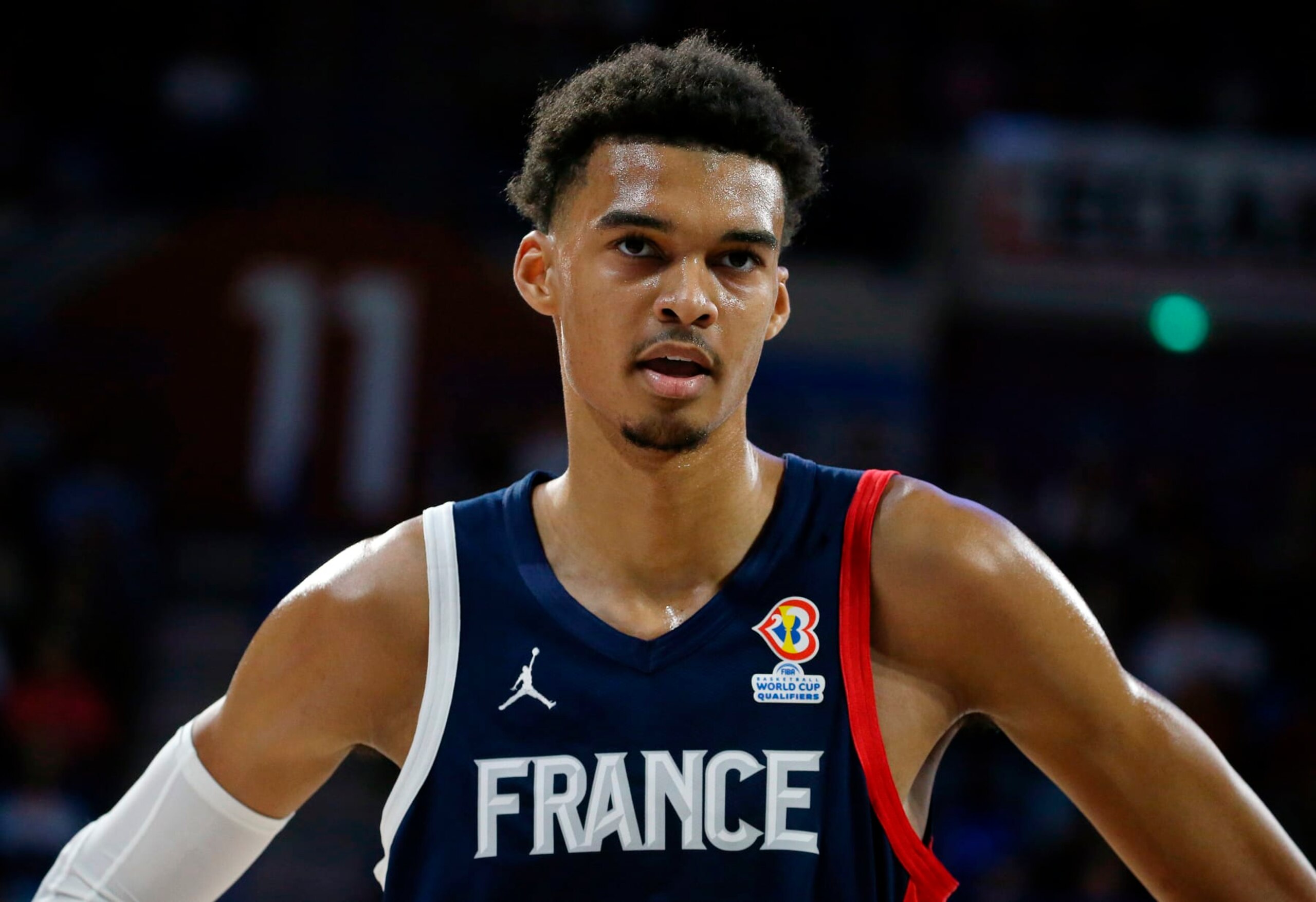 France's Victor Wembanyama reacts during the FIBA Basketball World Cup 2023 European Qualifiers match between France and Bosnia Herzegovina in Pau, southwestern France, Monday, Nov. 14, 2022. (AP Photo/Bob Edme)