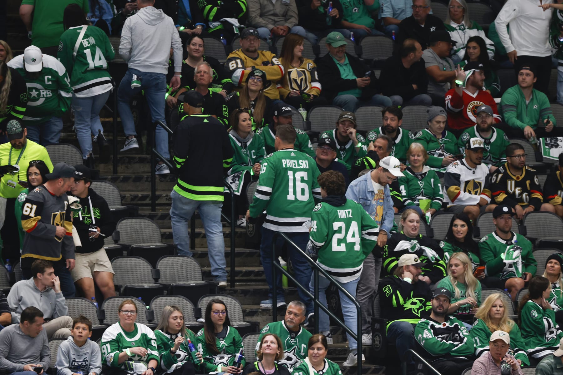 DALLAS, TEXAS - MAY 23:  Fans head for the exits during the third period in Game Three of the Western Conference Final of the 2023 Stanley Cup Playoffs between the Dallas Stars and the Vegas Golden Knights at American Airlines Center on May 23, 2023 in Dallas, Texas. (Photo by Ron Jenkins/Getty Images)