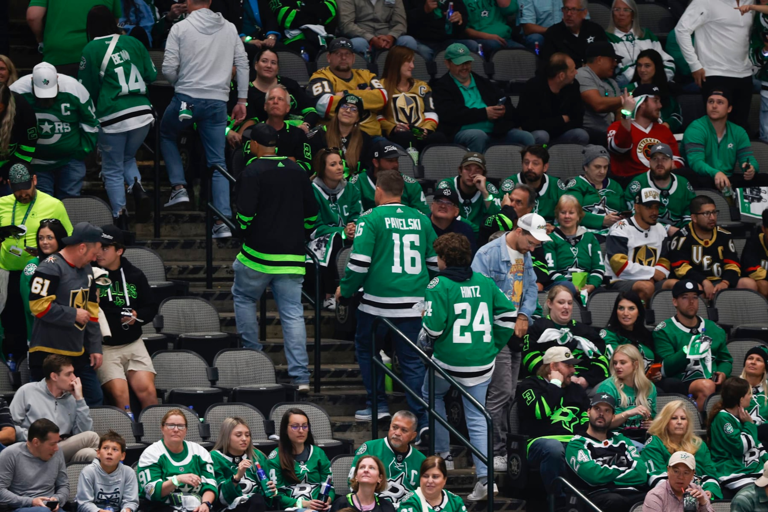 DALLAS, TEXAS - MAY 23:  Fans head for the exits during the third period in Game Three of the Western Conference Final of the 2023 Stanley Cup Playoffs between the Dallas Stars and the Vegas Golden Knights at American Airlines Center on May 23, 2023 in Dallas, Texas. (Photo by Ron Jenkins/Getty Images)