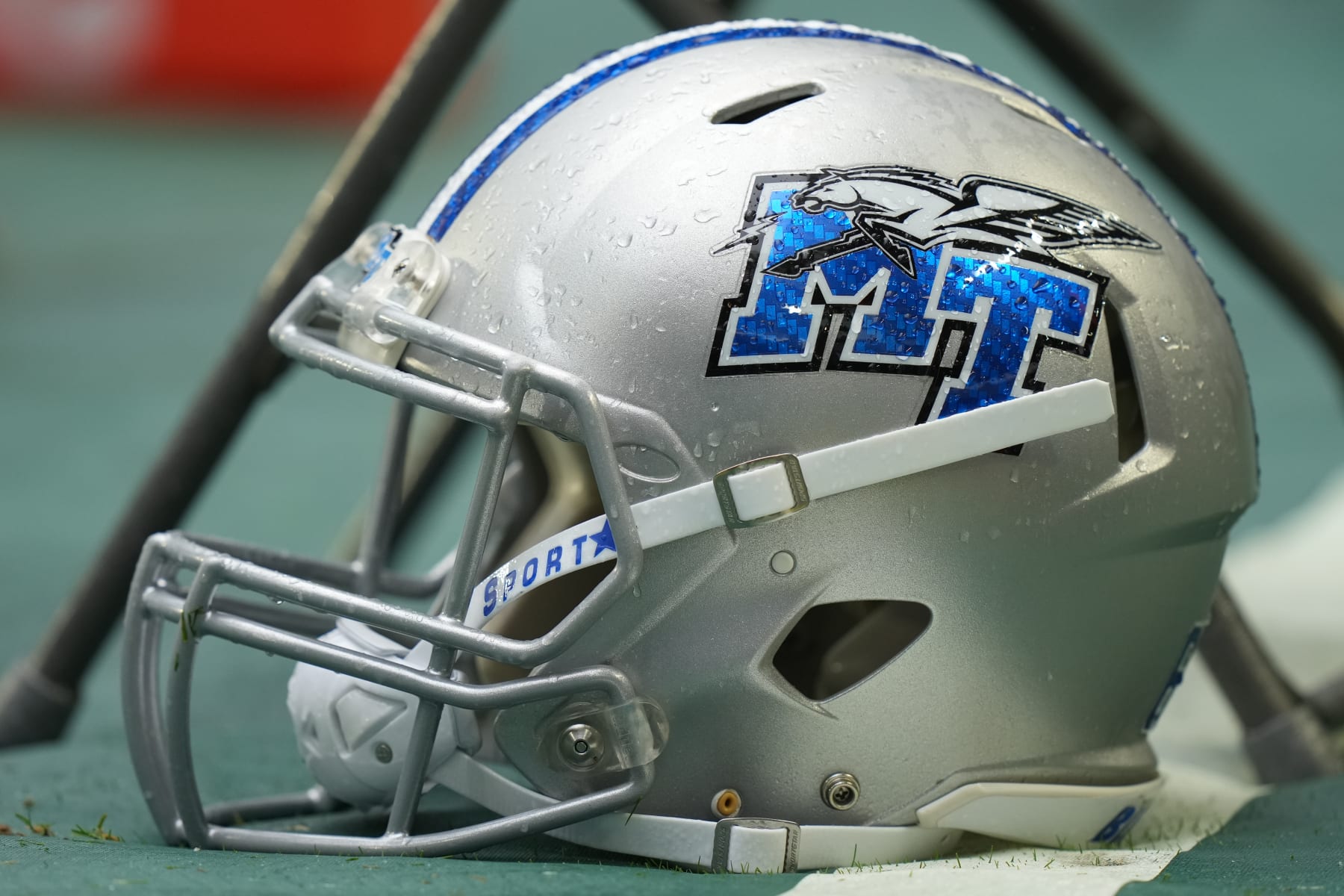 MIAMI GARDENS, FL - SEPTEMBER 03: A Middle Tennessee Blue Raiders helmet rests on the sidelines during the game between the Middle Tennessee Blue Raiders and the Miami Hurricanes on Saturday, September 24, 2022 at Hard Rock Stadium in Miami Gardens, FL (Photo by Peter Joneleit/Icon Sportswire via Getty Images)