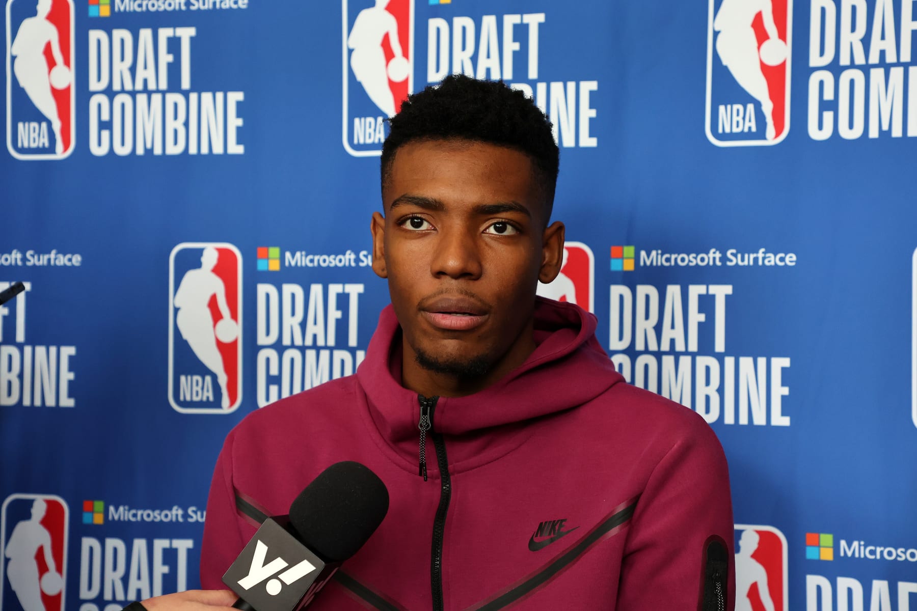 CHICAGO, ILLINOIS - MAY 17: Brandon Miller speaks with the media during the NBA Draft Combine at the Wintrust Arena on May 17, 2023 in Chicago, Illinois. NOTE TO USER: User expressly acknowledges and agrees that, by downloading and or using this photograph, User is consenting to the terms and conditions of the Getty Images License Agreement. (Photo by Stacy Revere/Getty Images)