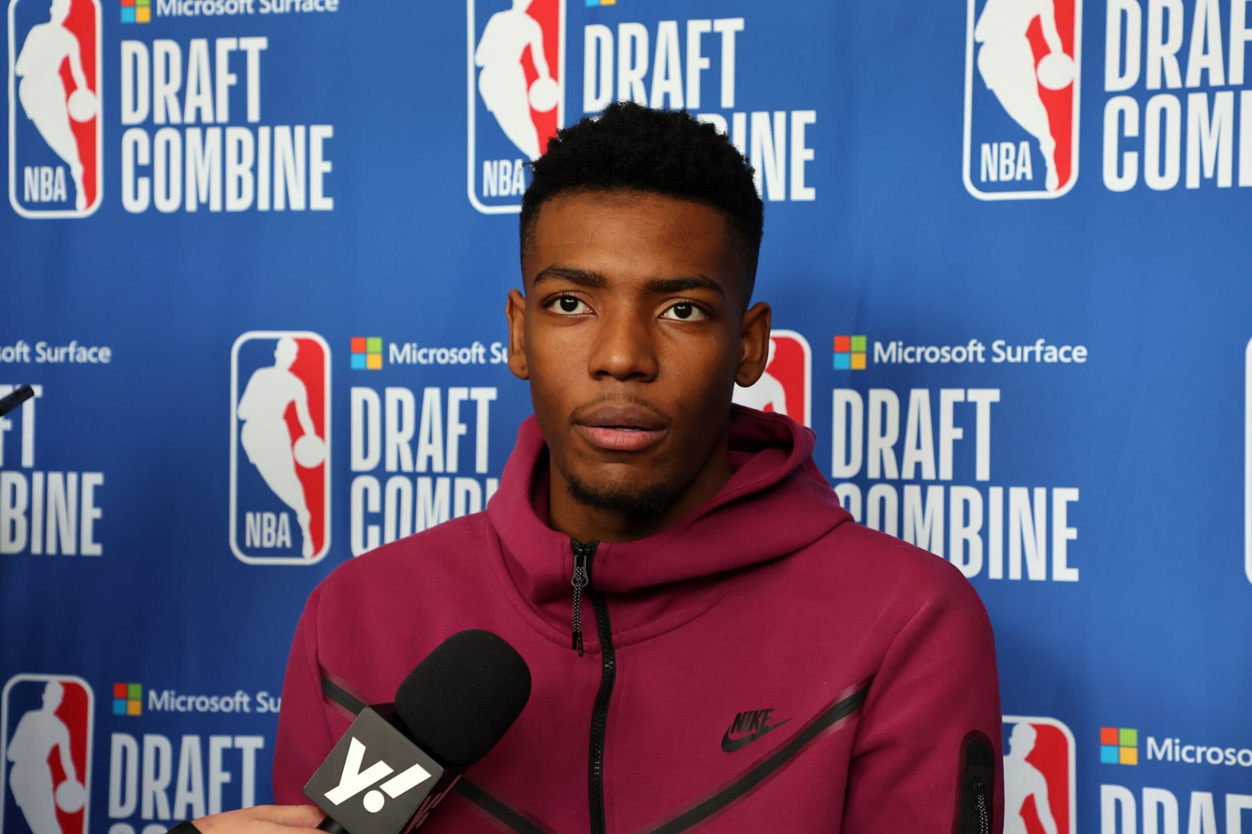 CHICAGO, ILLINOIS - MAY 17: Brandon Miller speaks with the media during the NBA Draft Combine at the Wintrust Arena on May 17, 2023 in Chicago, Illinois. NOTE TO USER: User expressly acknowledges and agrees that, by downloading and or using this photograph, User is consenting to the terms and conditions of the Getty Images License Agreement. (Photo by Stacy Revere/Getty Images)