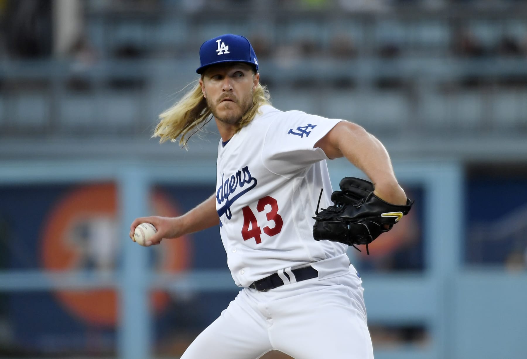 LOS ANGELES, CALIFORNIA - MAY 15: Starting pitcher Noah Syndergaard #43 of the Los Angeles Dodgers throws against the Minnesota Twins during the first inning during the first inning at Dodger Stadium on May 15, 2023 in Los Angeles, California. Freeman scored on the home run. (Photo by Kevork Djansezian/Getty Images)