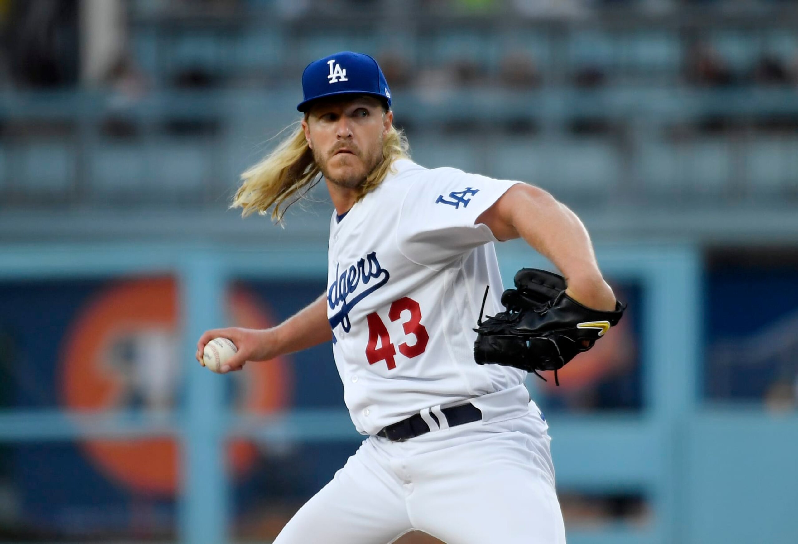 LOS ANGELES, CALIFORNIA - MAY 15: Starting pitcher Noah Syndergaard #43 of the Los Angeles Dodgers throws against the Minnesota Twins during the first inning during the first inning at Dodger Stadium on May 15, 2023 in Los Angeles, California. Freeman scored on the home run. (Photo by Kevork Djansezian/Getty Images)