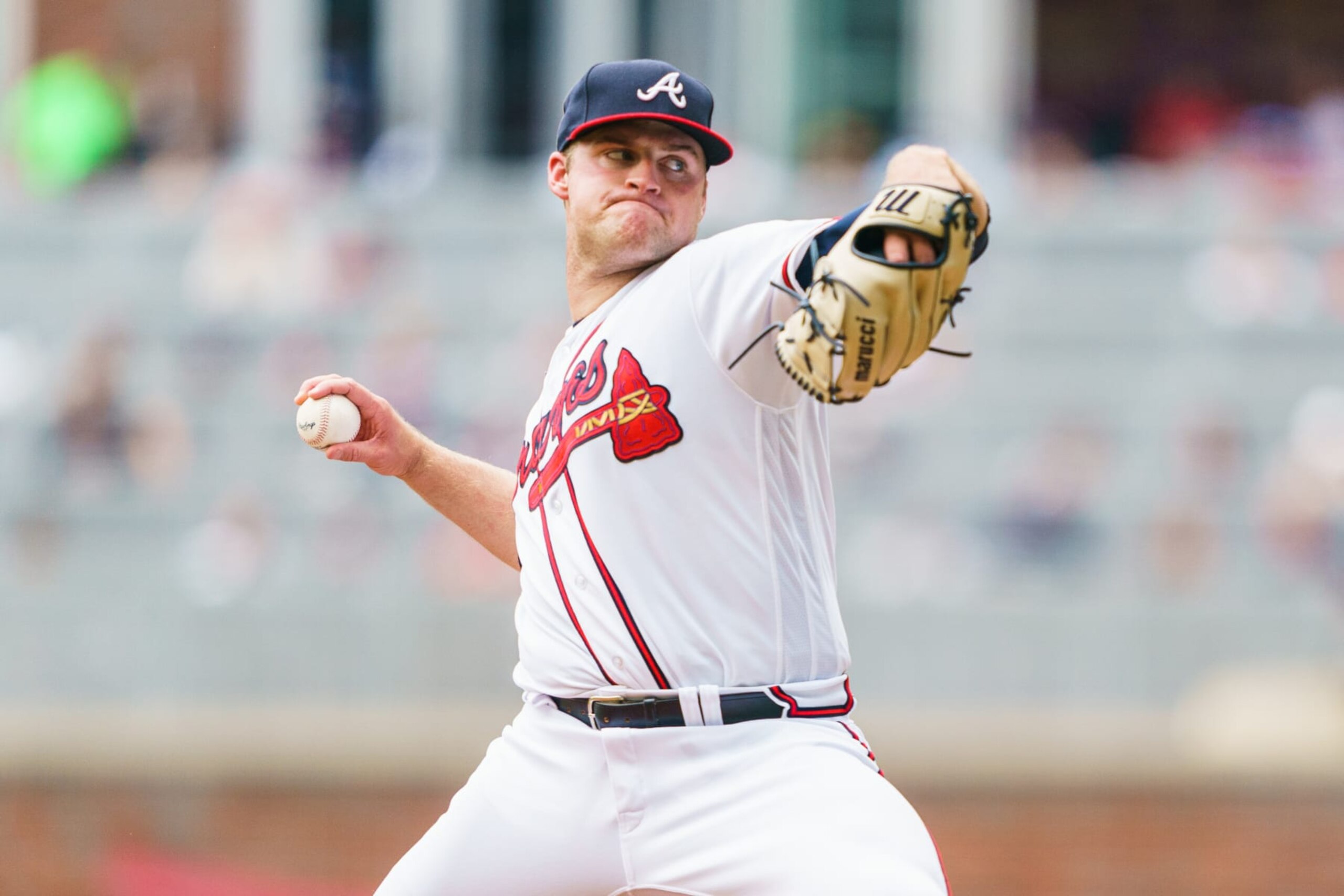 ATLANTA, GA - MAY 7: Bryce Elder #55 of the Atlanta Braves pitches during the fifth inning between the Atlanta Braves and the Baltimore Orioles at Truist Park on May 7, 2023 in Atlanta, Georgia. (Photo by Matthew Grimes Jr./Atlanta Braves/Getty Images)