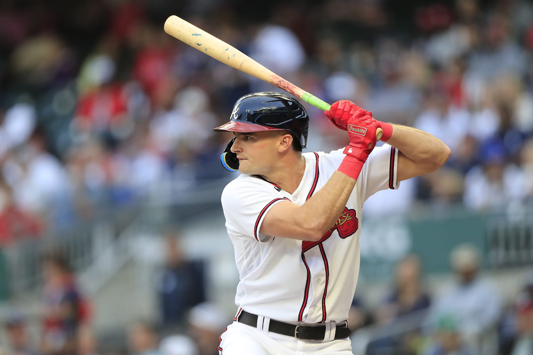 ATLANTA, GA - APRIL 25: Atlanta Braves center fielder Sam Hilliard (14) bats during the Tuesday evening MLB game between the Atlanta Braves and the Miami Marlins on April 25, 2023 at Truist Park in Atlanta, Georgia.  (Photo by David J. Griffin/Icon Sportswire via Getty Images)