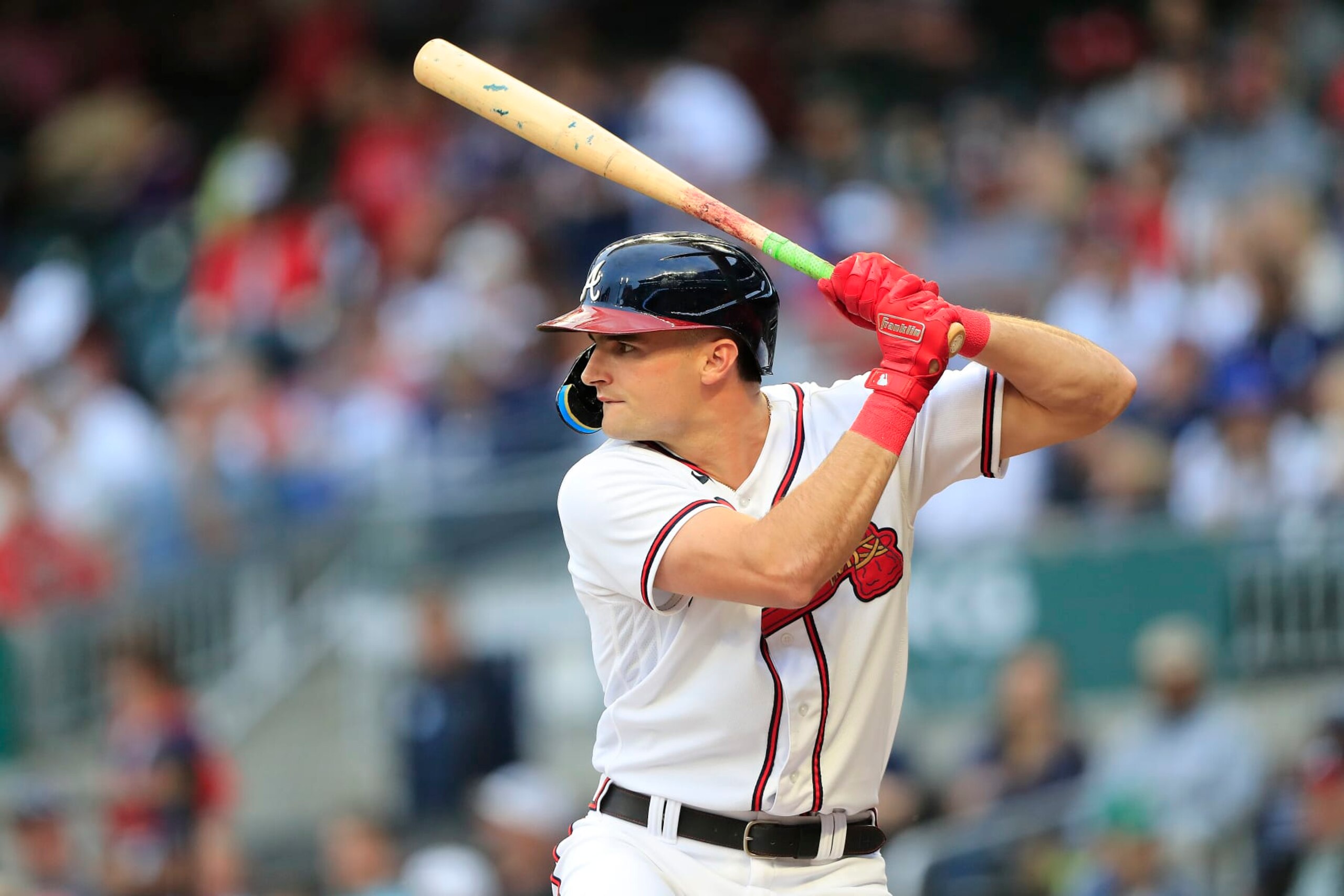 ATLANTA, GA - APRIL 25: Atlanta Braves center fielder Sam Hilliard (14) bats during the Tuesday evening MLB game between the Atlanta Braves and the Miami Marlins on April 25, 2023 at Truist Park in Atlanta, Georgia.  (Photo by David J. Griffin/Icon Sportswire via Getty Images)