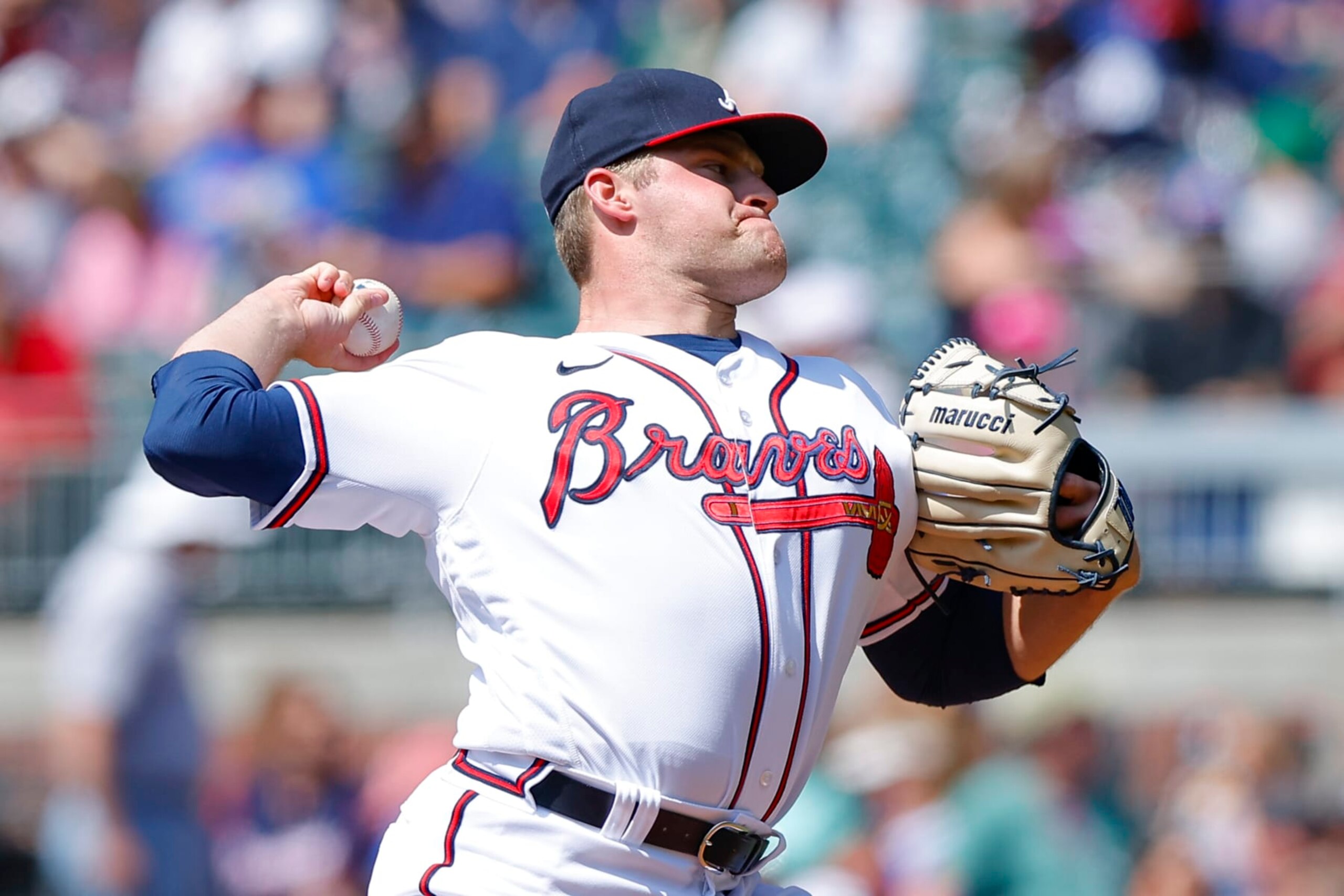 ATLANTA, GA - MAY 07: Bryce Elder #55 of the Atlanta Braves pitches during the first inning against the Baltimore Orioles at Truist Park on May 7, 2023 in Atlanta, Georgia. (Photo by Todd Kirkland/Getty Images)
