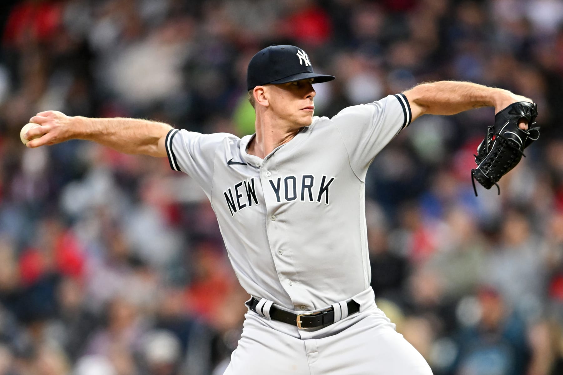 CLEVELAND, OHIO - APRIL 10, 2023: Ian Hamilton #71 of the New York Yankees throws a pitch during the seventh inning against the Cleveland Guardians at Progressive Field on April 10, 2023 in Cleveland, Ohio. (Photo by Nick Cammett/Diamond Images via Getty Images)